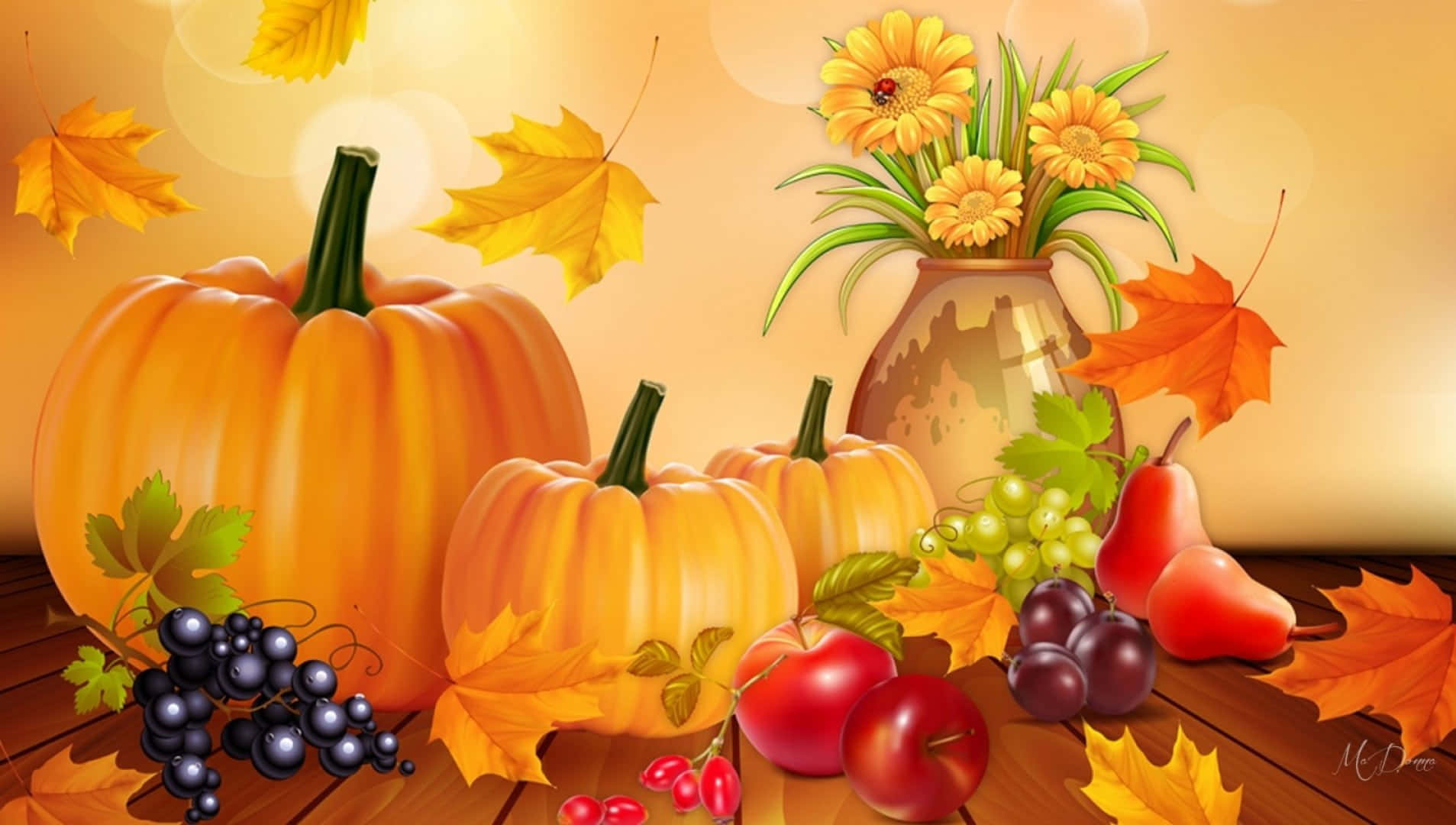 autumn bounty, pumpkins, grapes, HD Desktop Wallpaper
