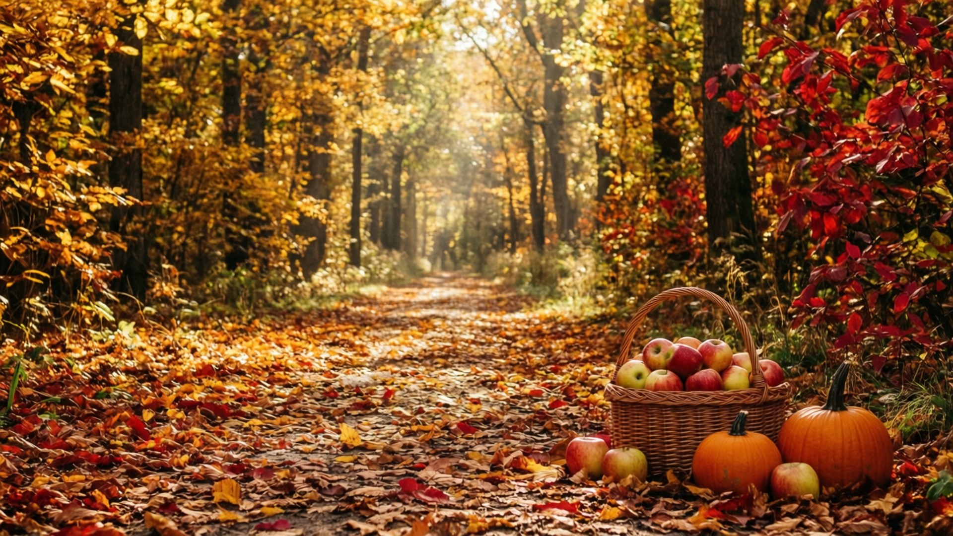enchanted forest path, cinematic autumn forest scene, harvest basket, Full HD Desktop Wallpaper