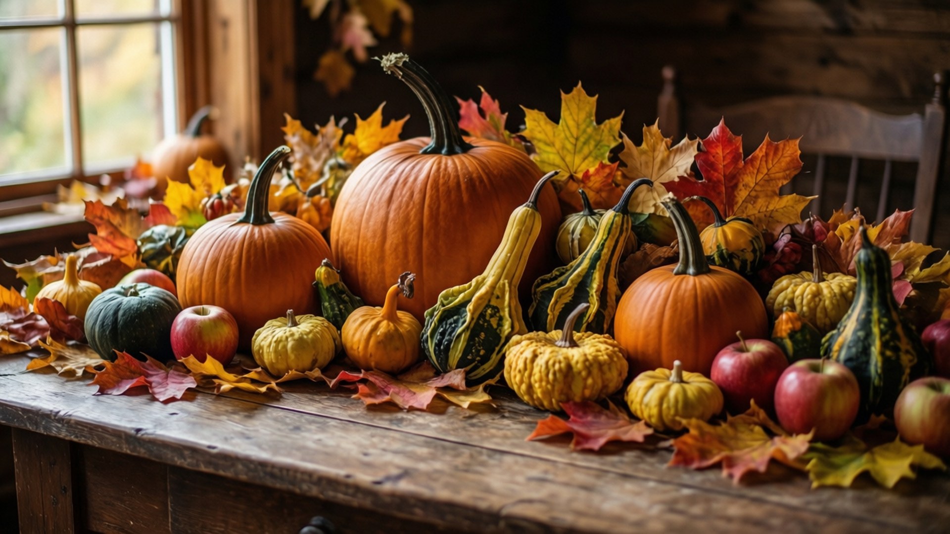 rustic harvest table, autumn produce, wooden table, Full HD Desktop Wallpaper