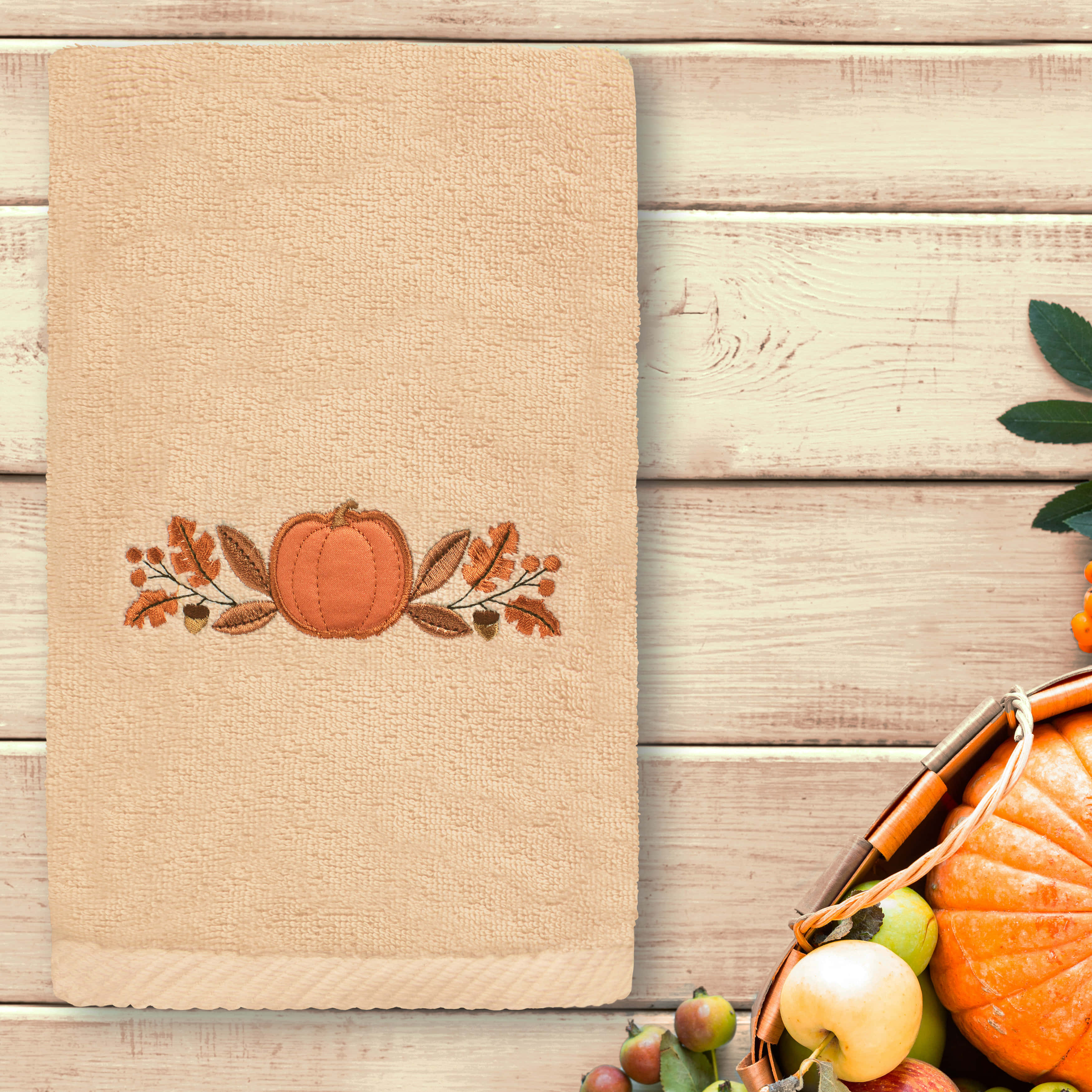 beige towel, embroidered pumpkin, autumn leaves, 2K Desktop Wallpaper