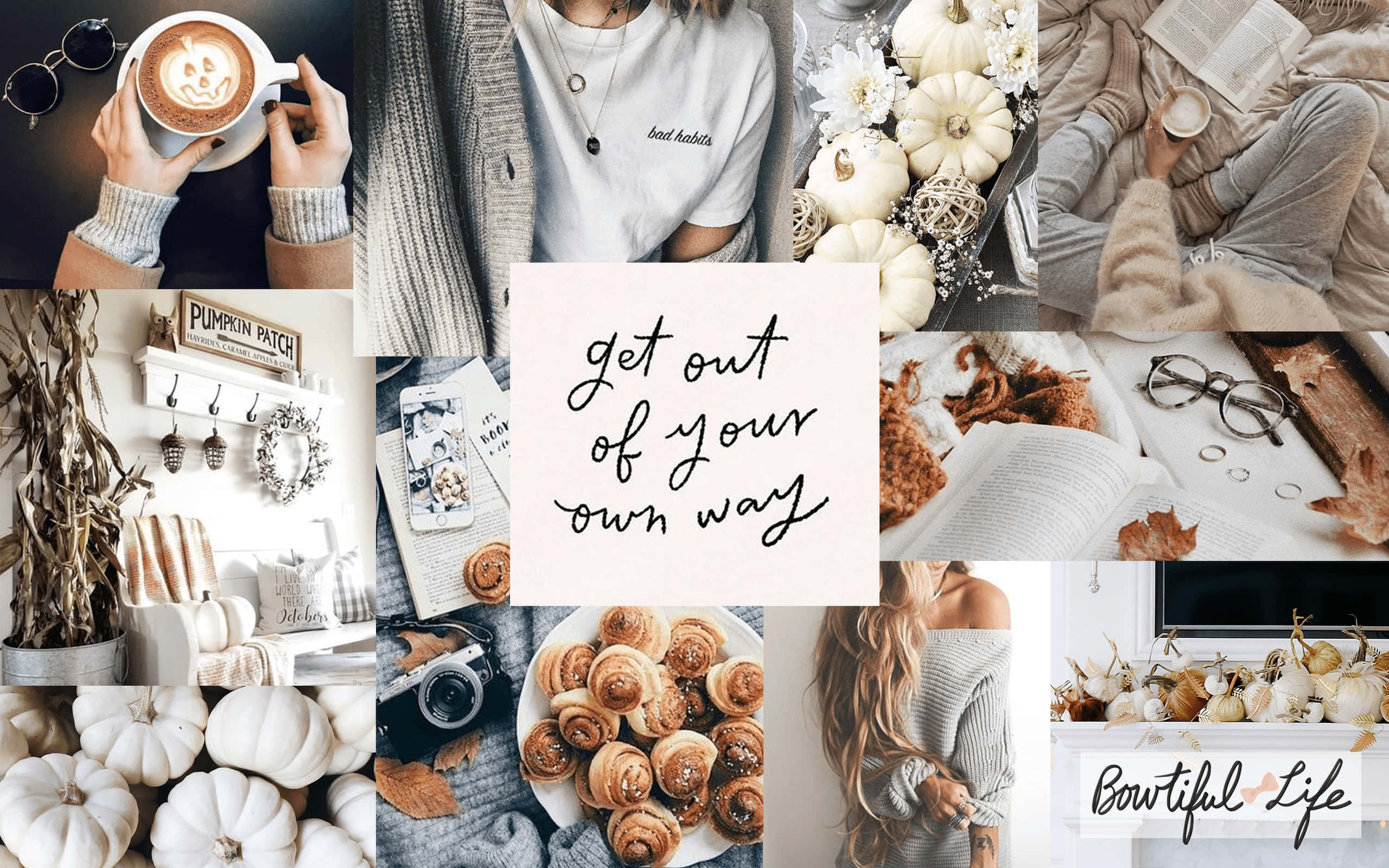Autumn Collage, pumpkin spice coffee, cozy sweaters, 2K Desktop Wallpaper