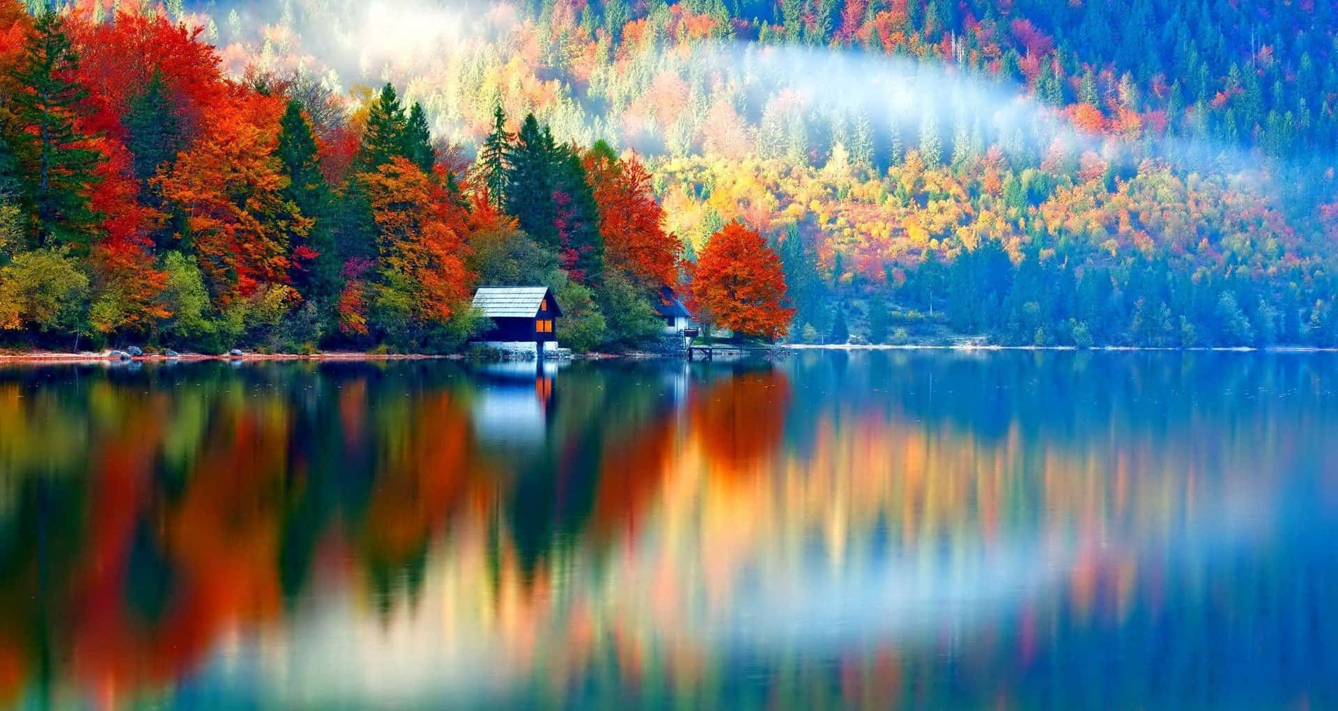 autumn lake, fiery red orange and gold trees, small cabin, Full HD Desktop Wallpaper