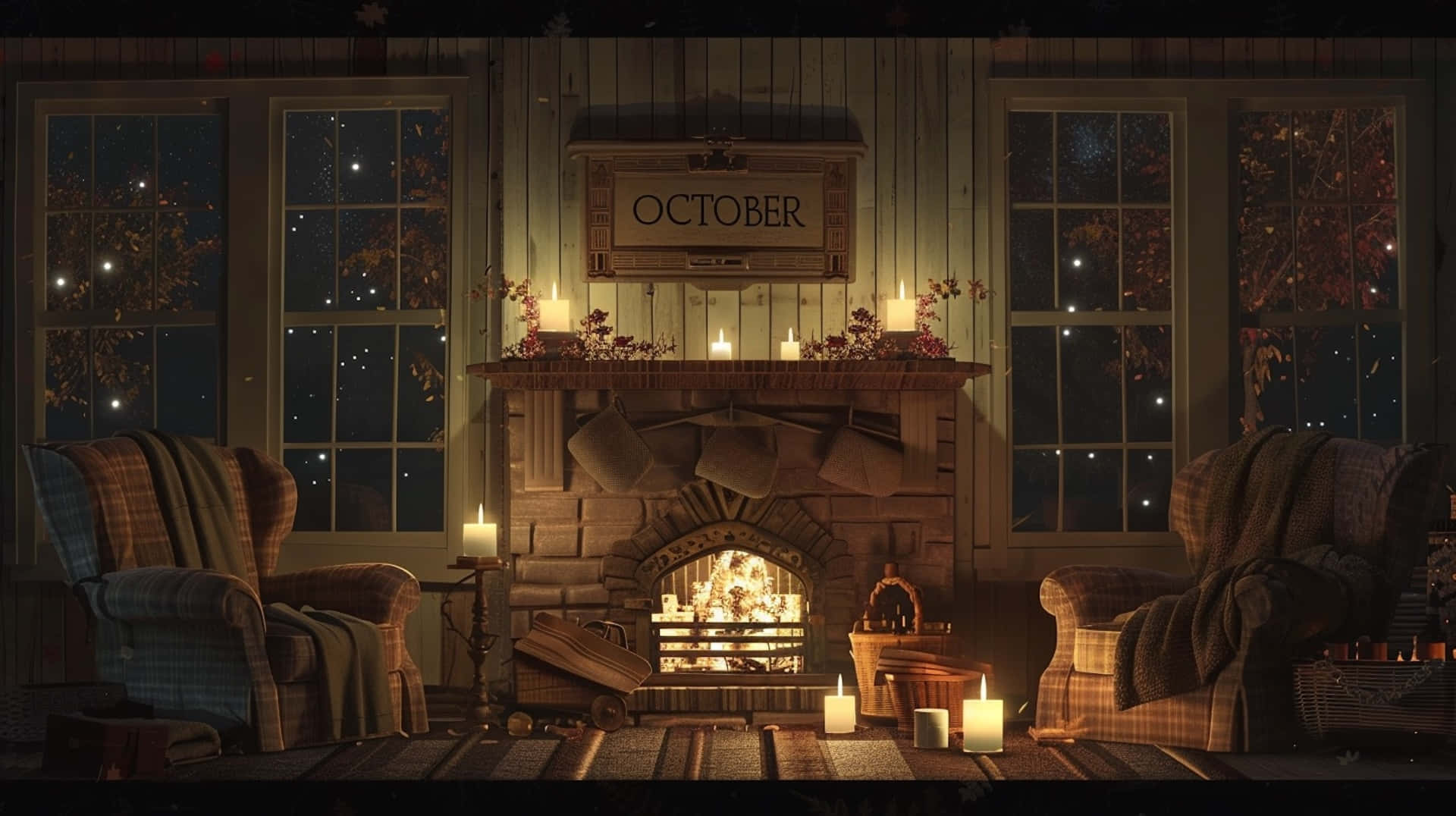 cozy cabin interior, lit fireplace, autumn leaves, Full HD Desktop Wallpaper
