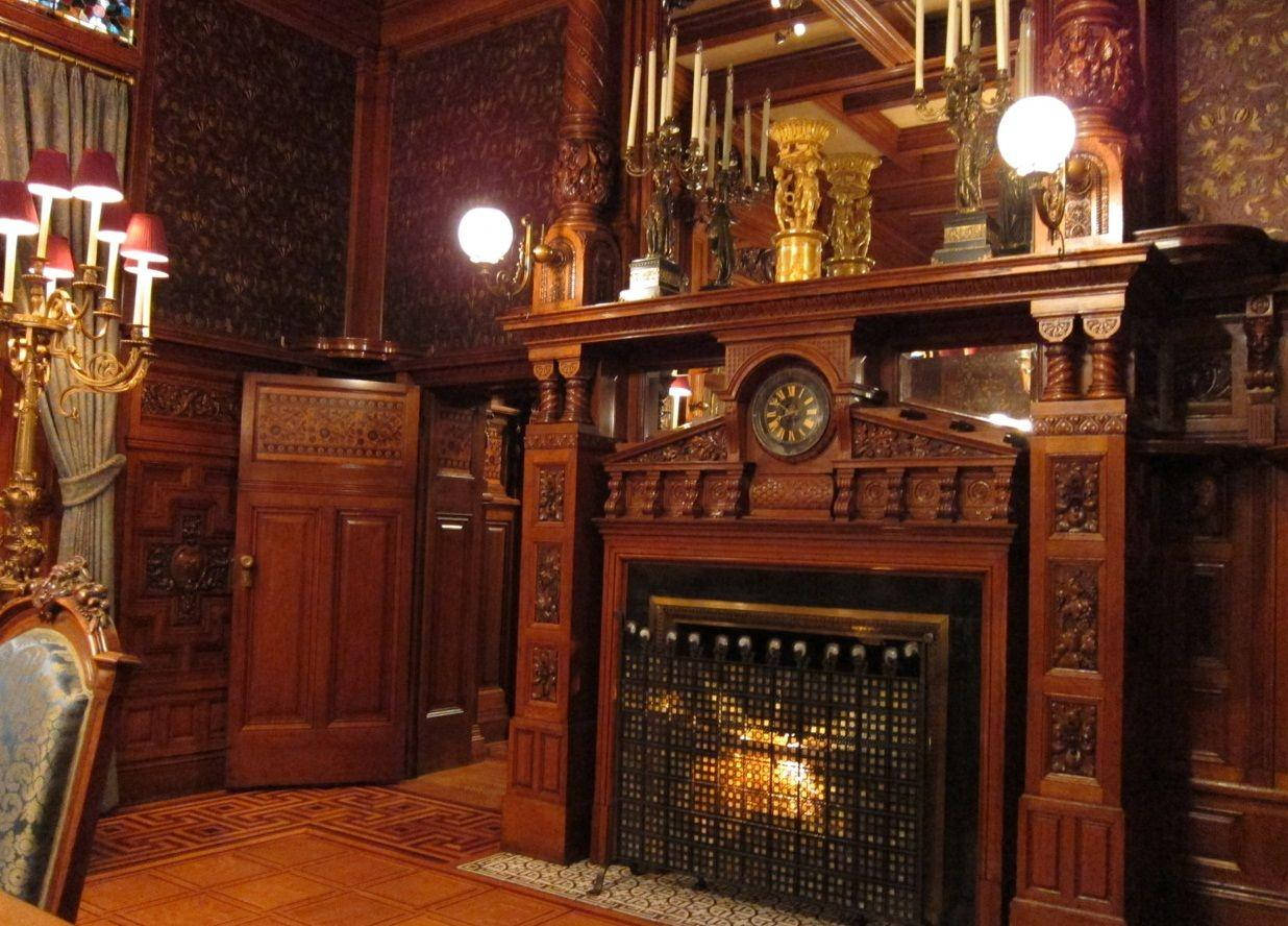 Victorian parlor, grand carved wooden fireplace, glowing fire, SD Desktop Wallpaper