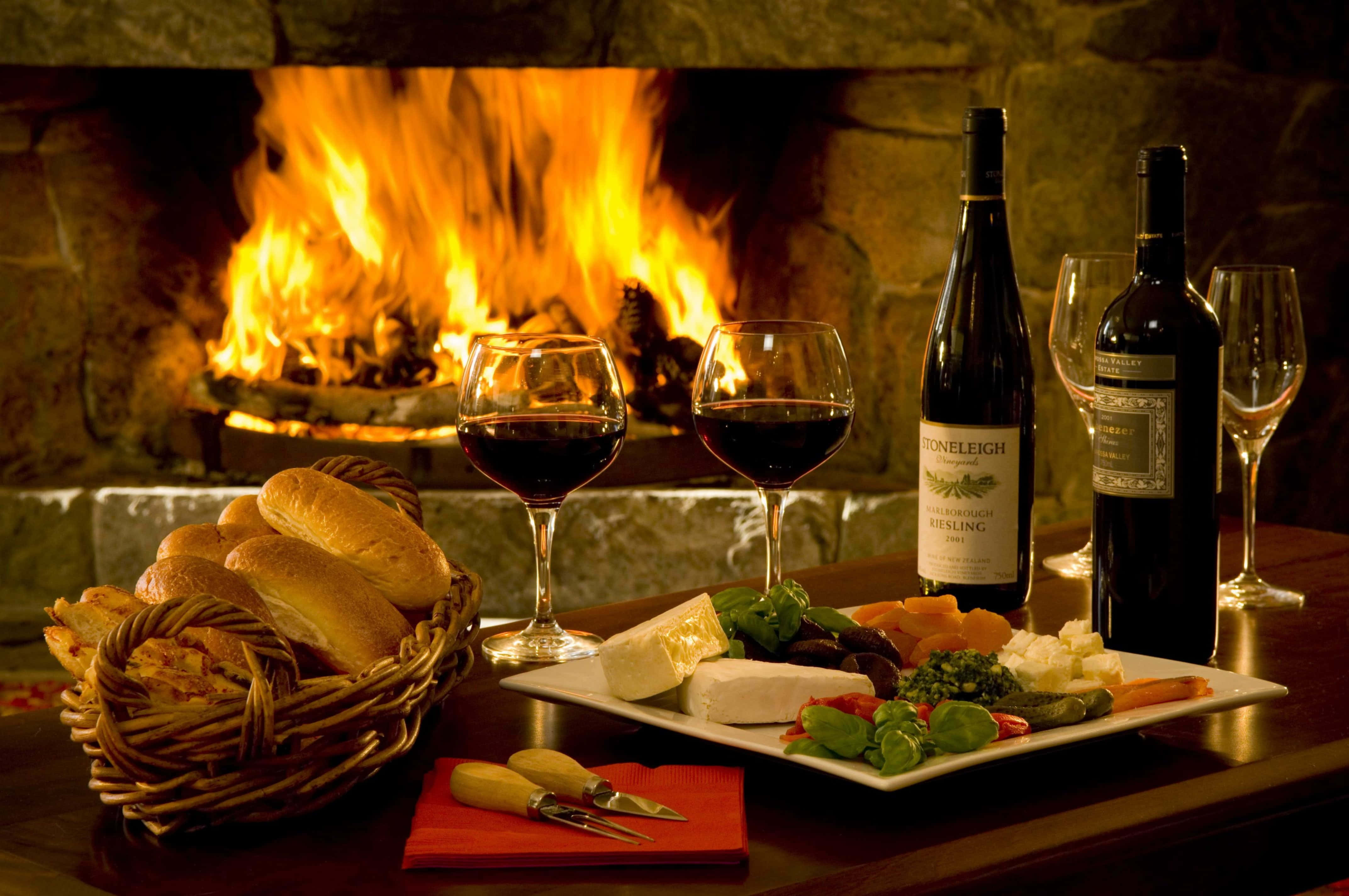 Autumn Fireplace, fireplace glow, wooden table, 4K Desktop Wallpaper