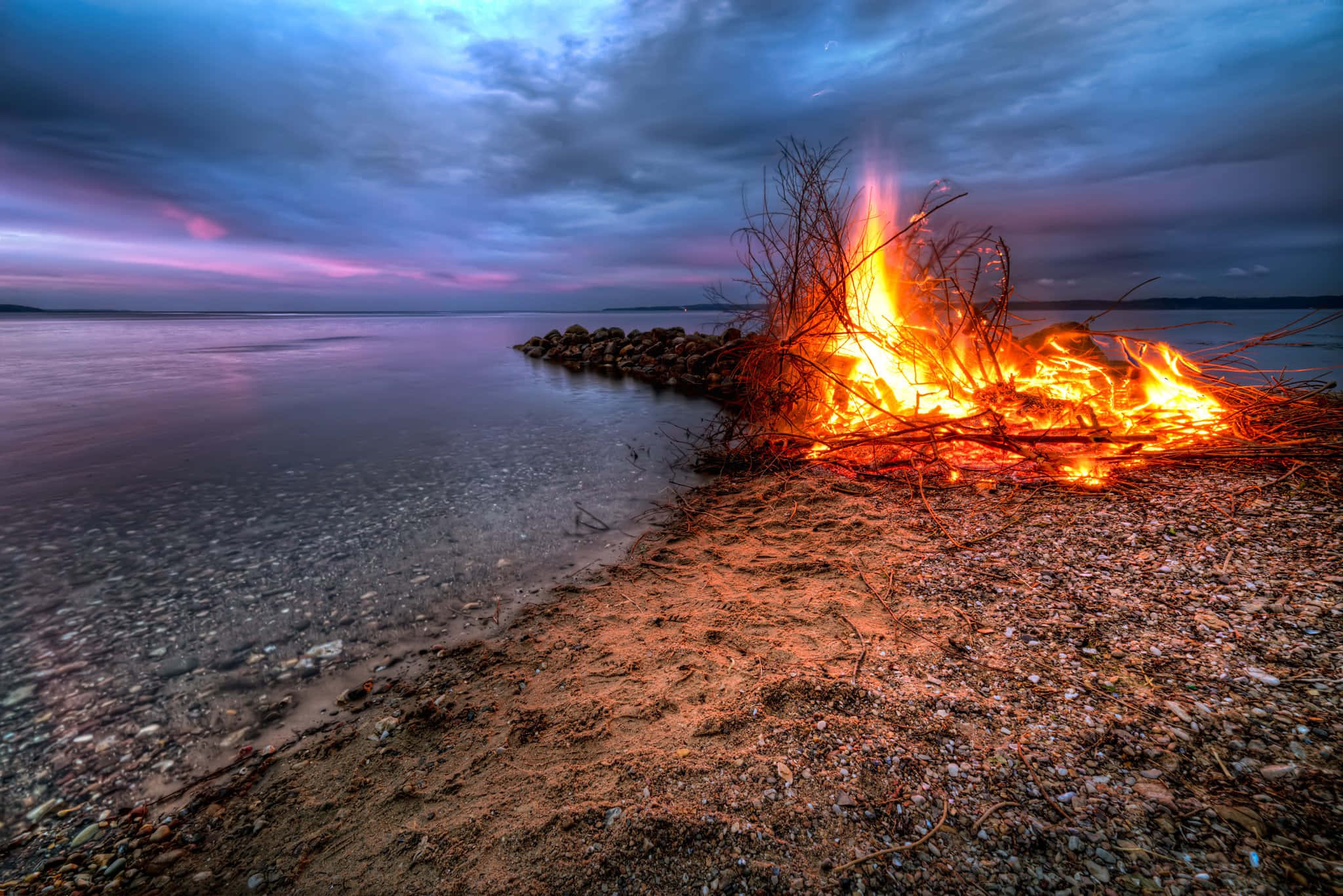 fall bonfire, twilight, pebbled shore, Full HD Desktop Wallpaper