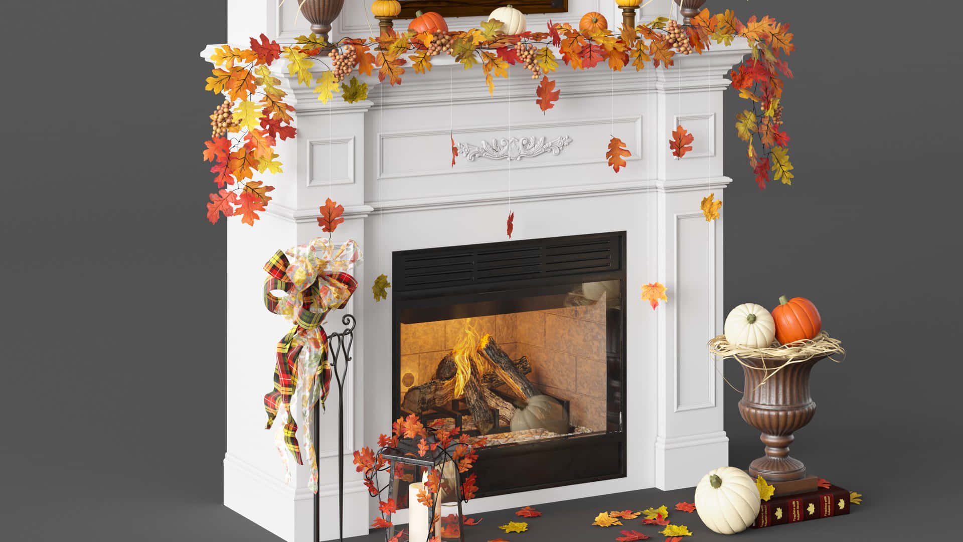 autumn fireplace, white fireplace, autumn leaves, Full HD Desktop Wallpaper