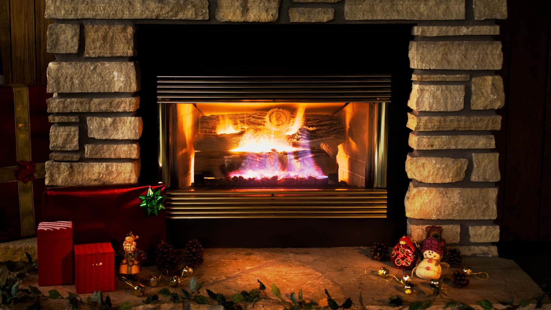 Cozy Yule Log Fireplace, stone fireplace, vibrant orange and purple flames, Full HD Desktop Wallpaper