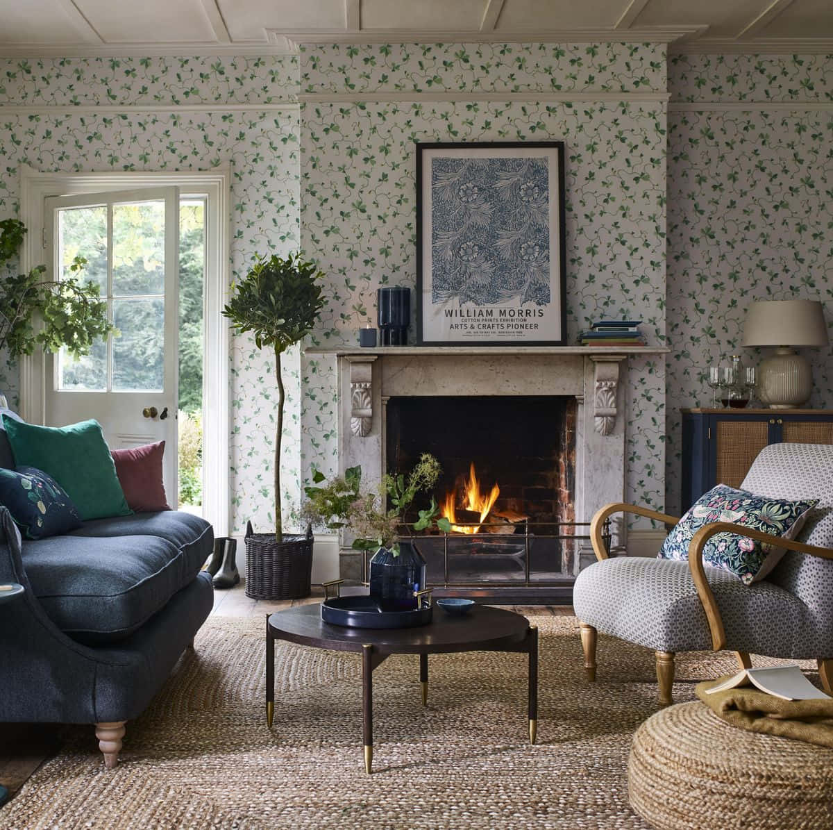 Autumn Fireplace, green ivy wallpaper, blue sofa, SD Desktop Wallpaper