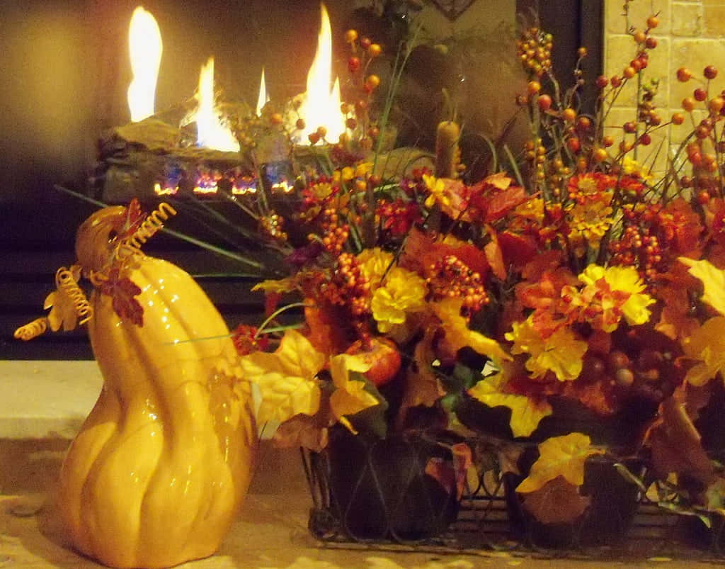 Autumn Fireplace, glowing fireplace, vibrant floral arrangement, SD Desktop Wallpaper