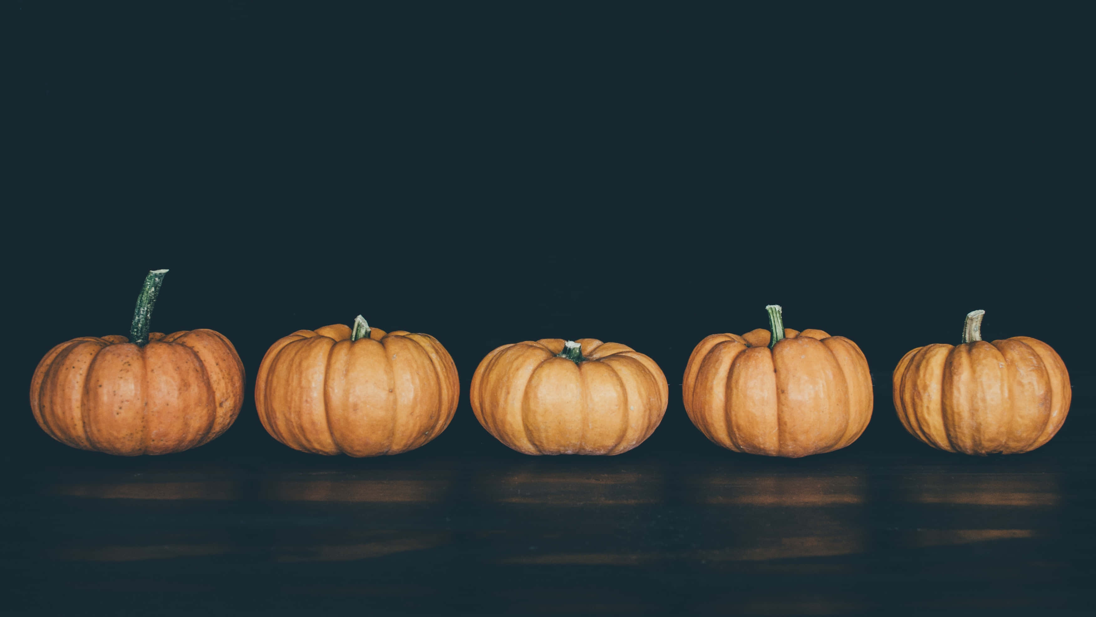 autumn food, orange pumpkins, dark reflective surface, 2K Desktop Wallpaper