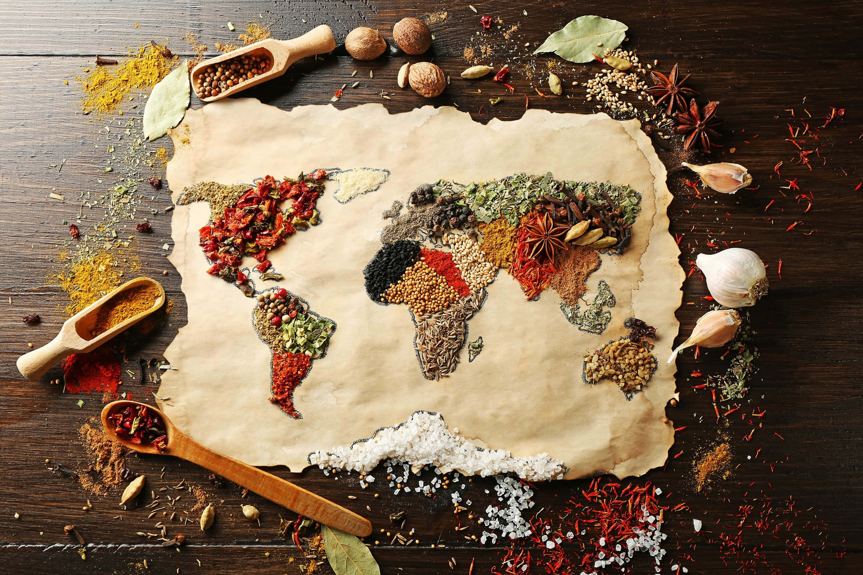 autumn food, rustic table, vibrant spices, 2K Desktop Wallpaper