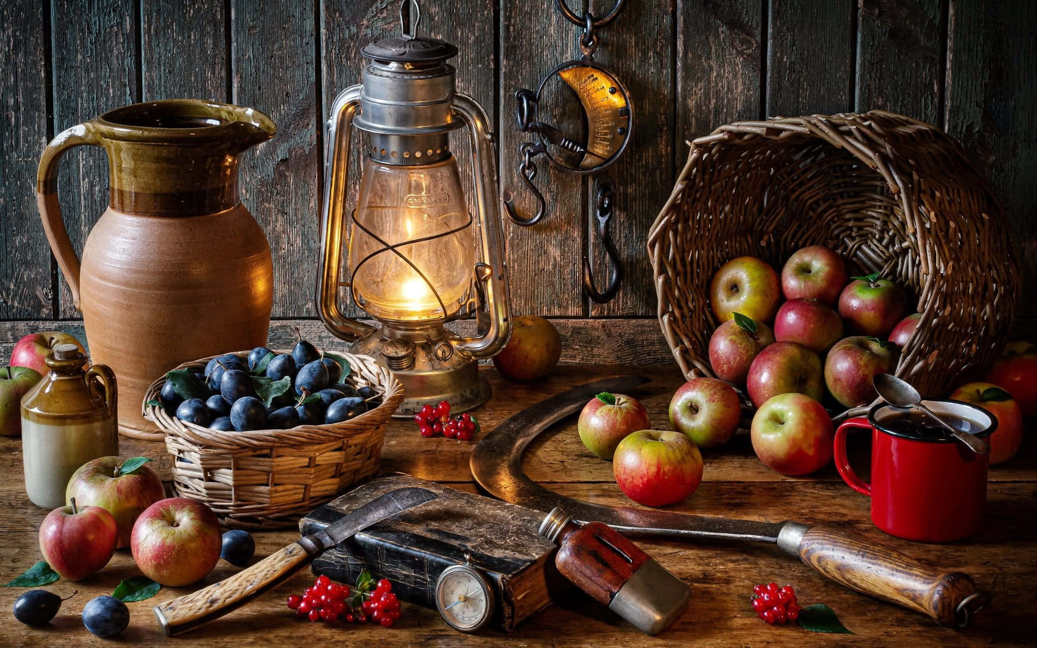 autumn bounty 2048, rustic still life, glowing lantern apples, Full HD Desktop Wallpaper