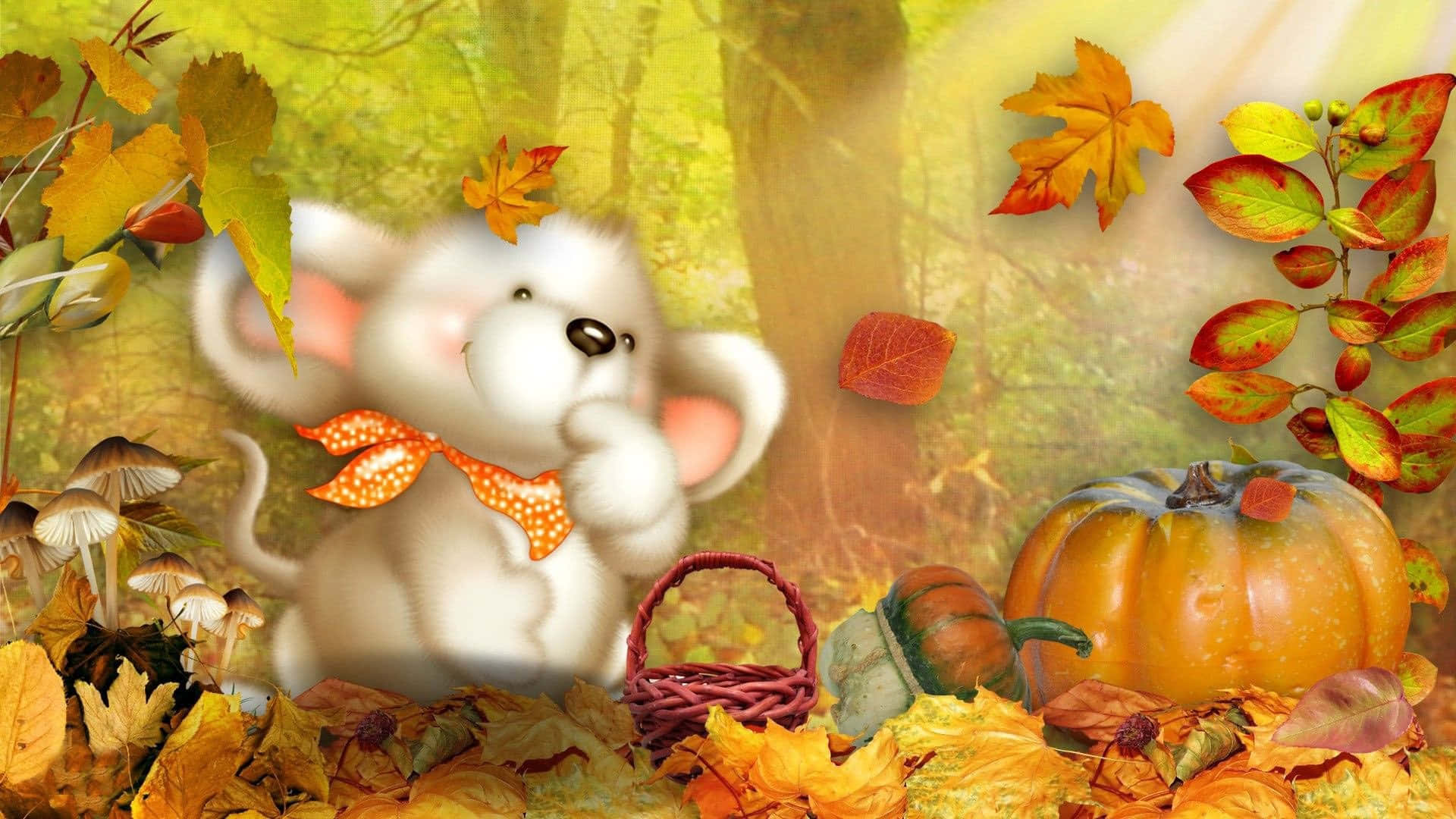autumn food, white mouse, orange bowtie, Full HD Desktop Wallpaper
