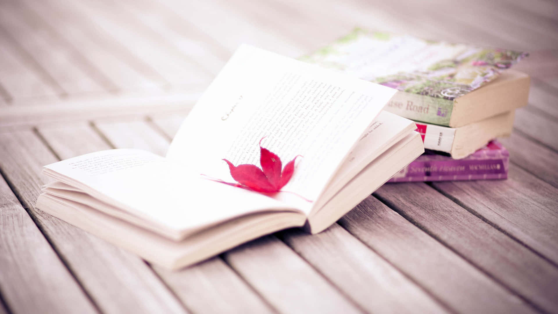 Autumn Leaf, red maple leaf, open book, Full HD Desktop Wallpaper