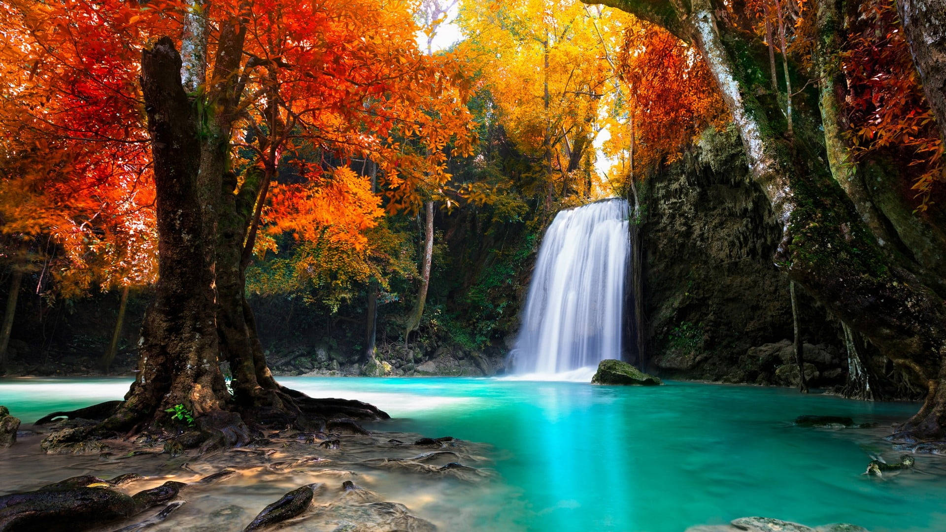 Autumn Macbook, waterfall, turquoise pool, Full HD Desktop Wallpaper