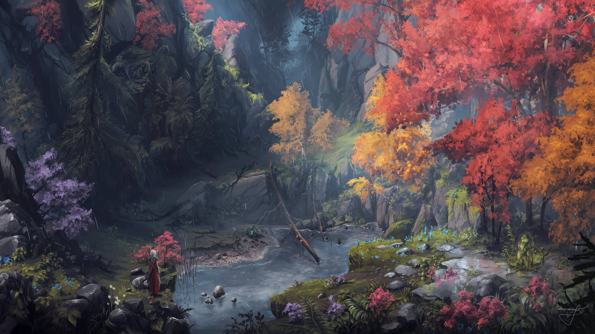 autumn forest, misty stream, fiery red orange and purple foliage, Full HD Desktop Wallpaper
