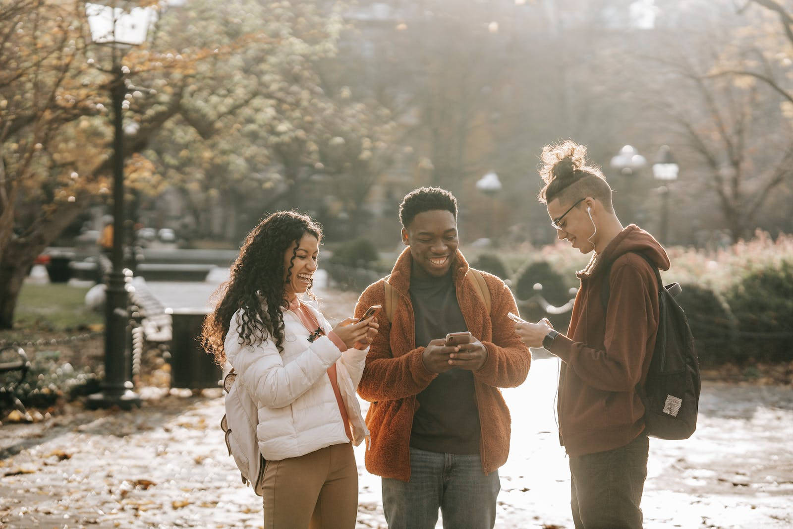 Autumn Phone, sunlit autumn park, three friends, HD Desktop Wallpaper