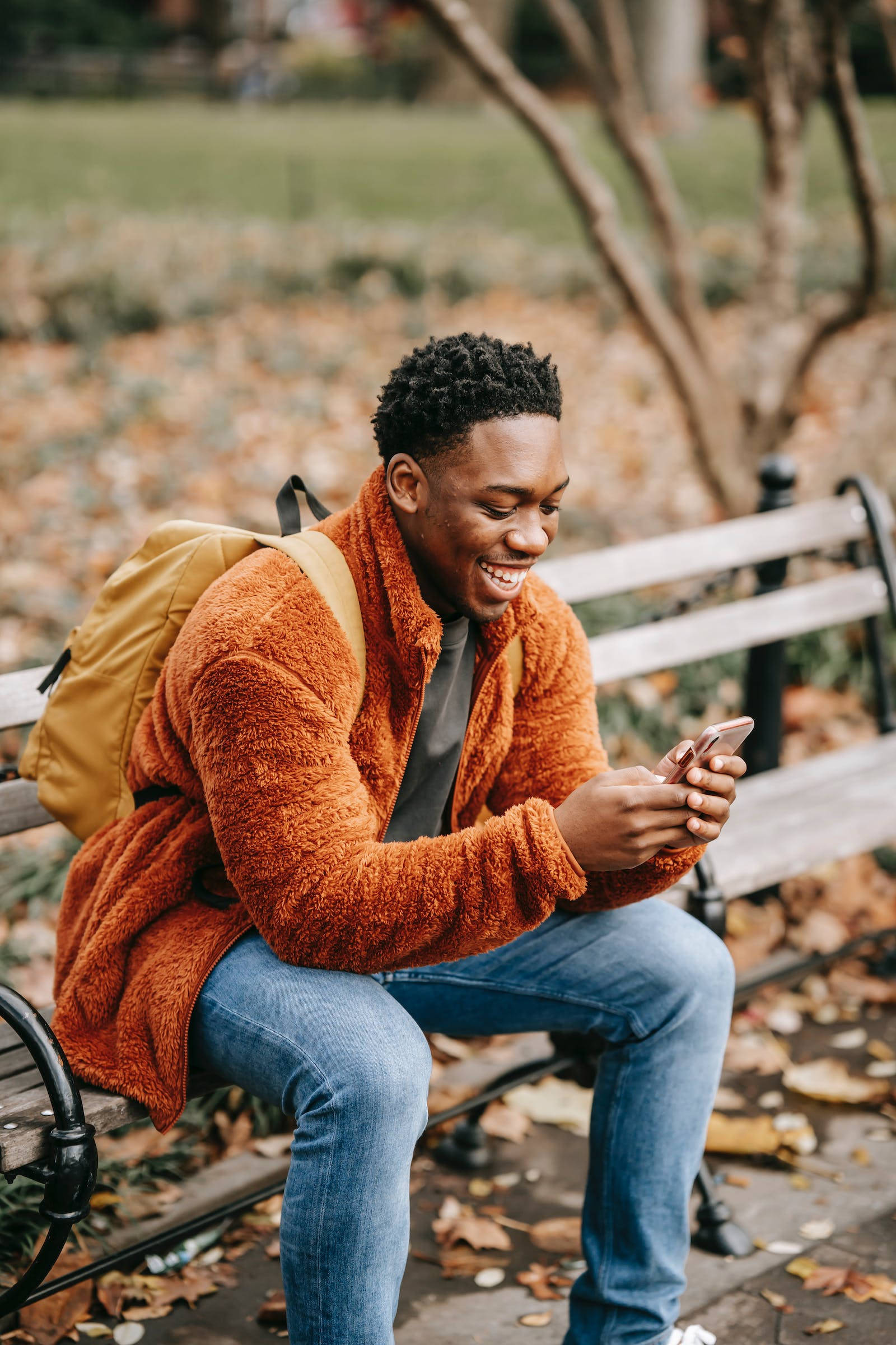 Autumn Phone, orange fleece jacket, park bench, Full HD Phone Wallpaper