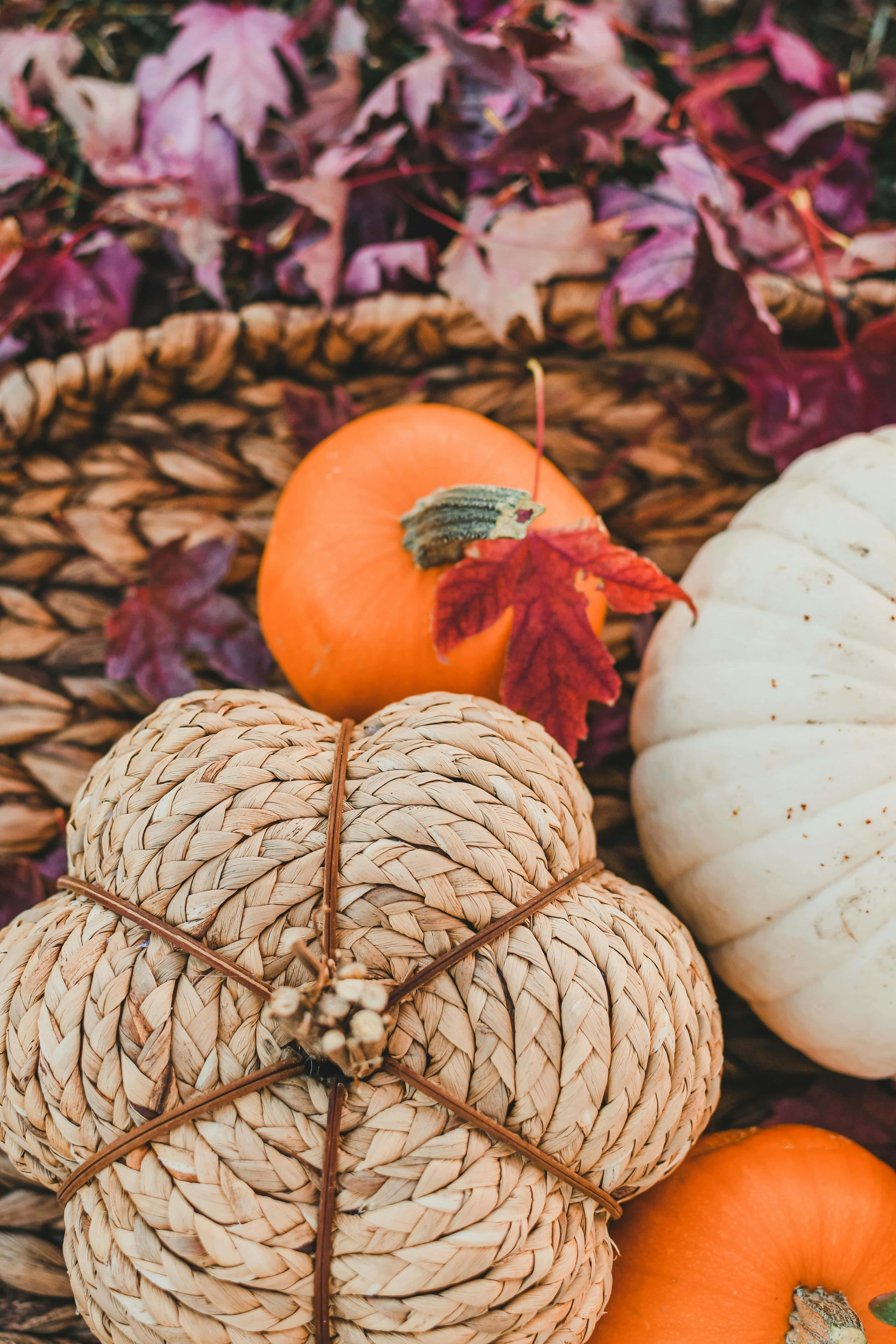 Autumn Pumpkin Decor Still Life, woven basket, vibrant orange pumpkins, 5K Phone Wallpaper