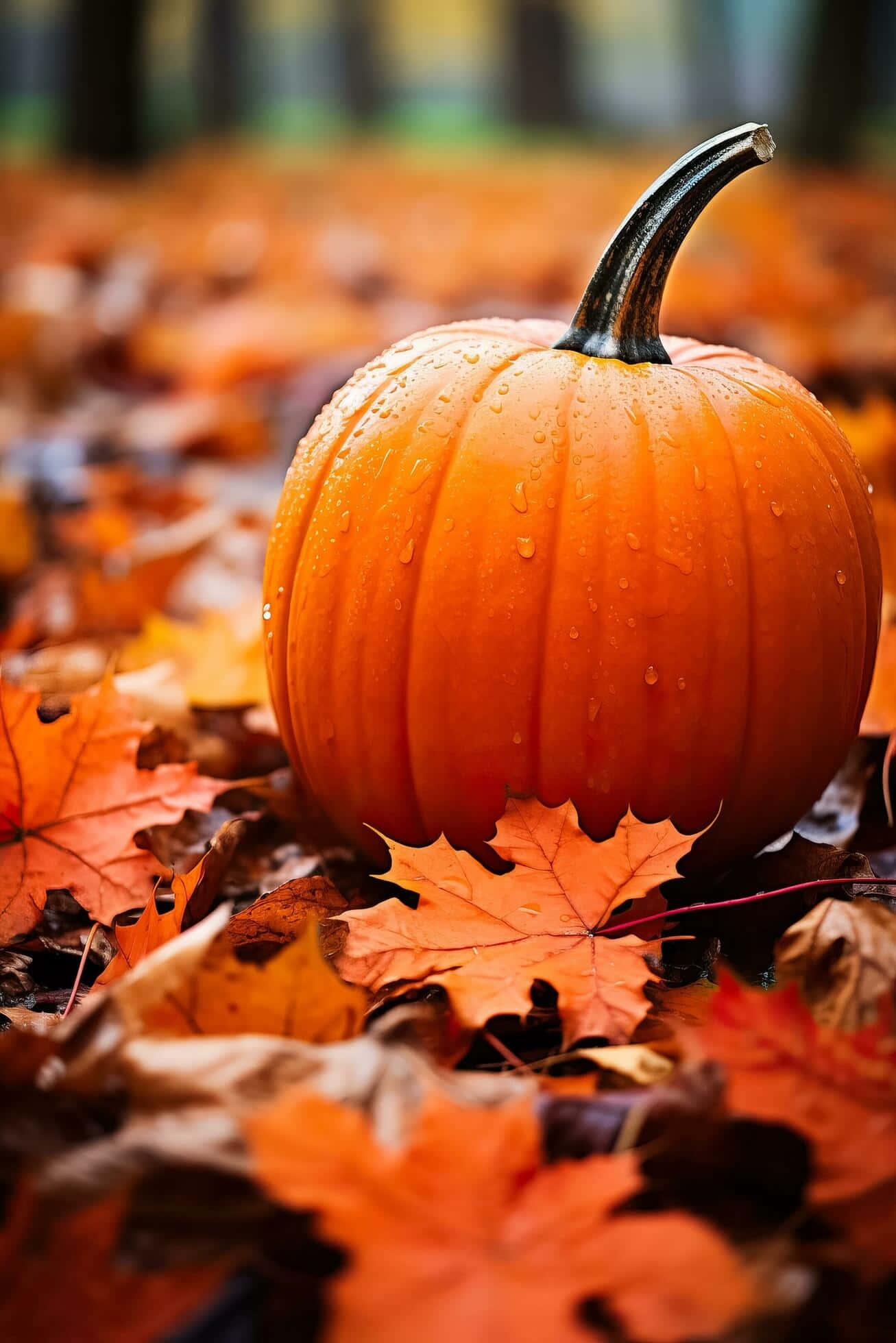 Autumn Pumpkin, fallen leaves, forest, Full HD Phone Wallpaper