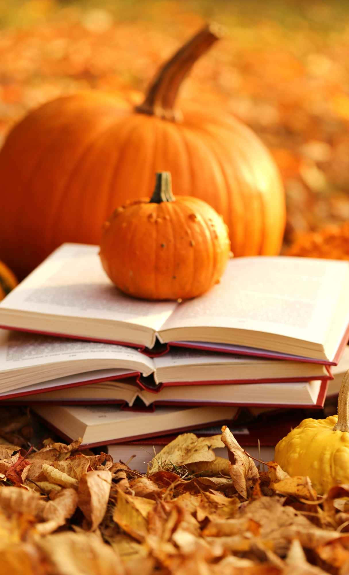 Autumn Reading Pumpkins, pumpkin, open books, Full HD Phone Wallpaper
