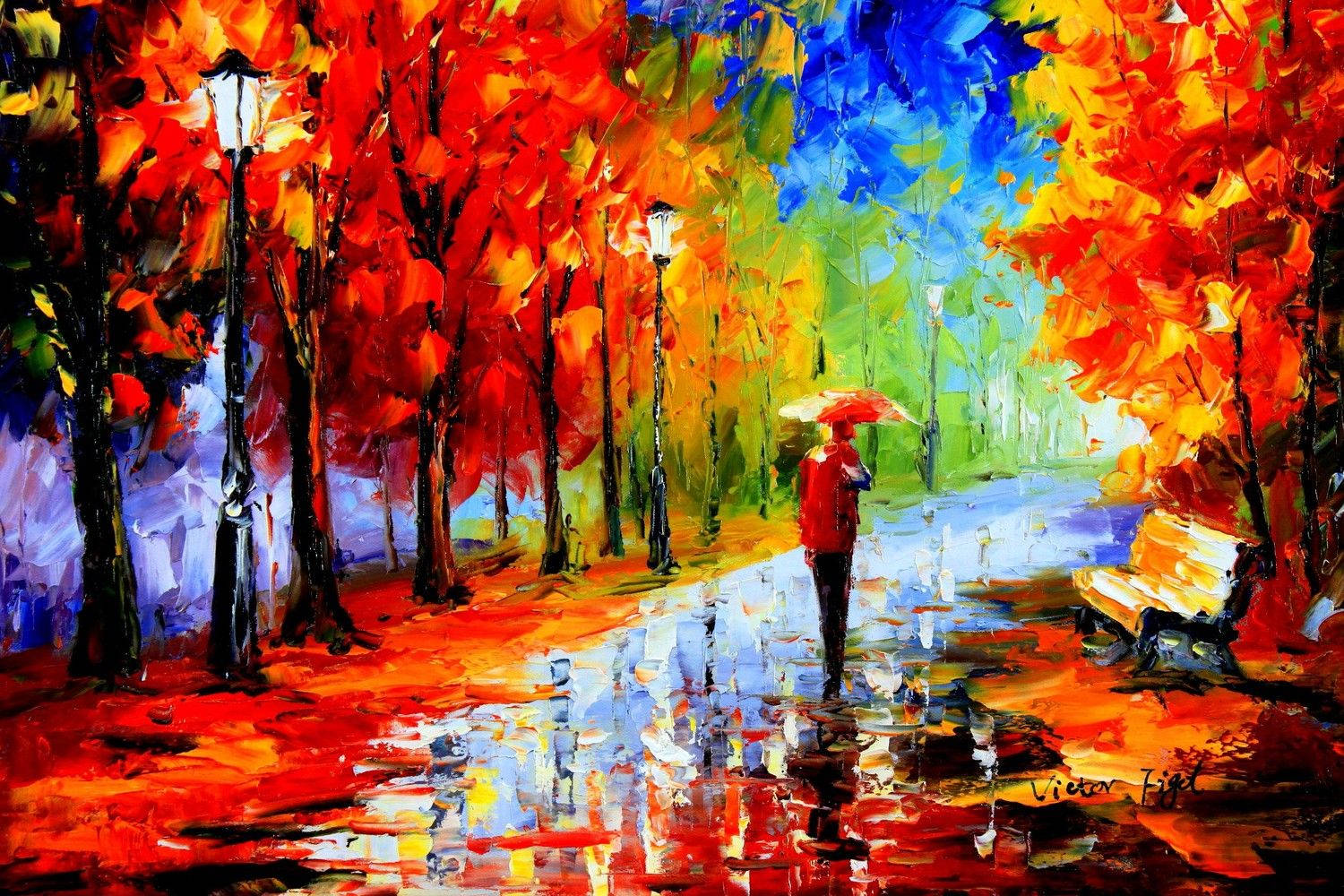 red coat, umbrella, rain-slicked path, HD Desktop Wallpaper