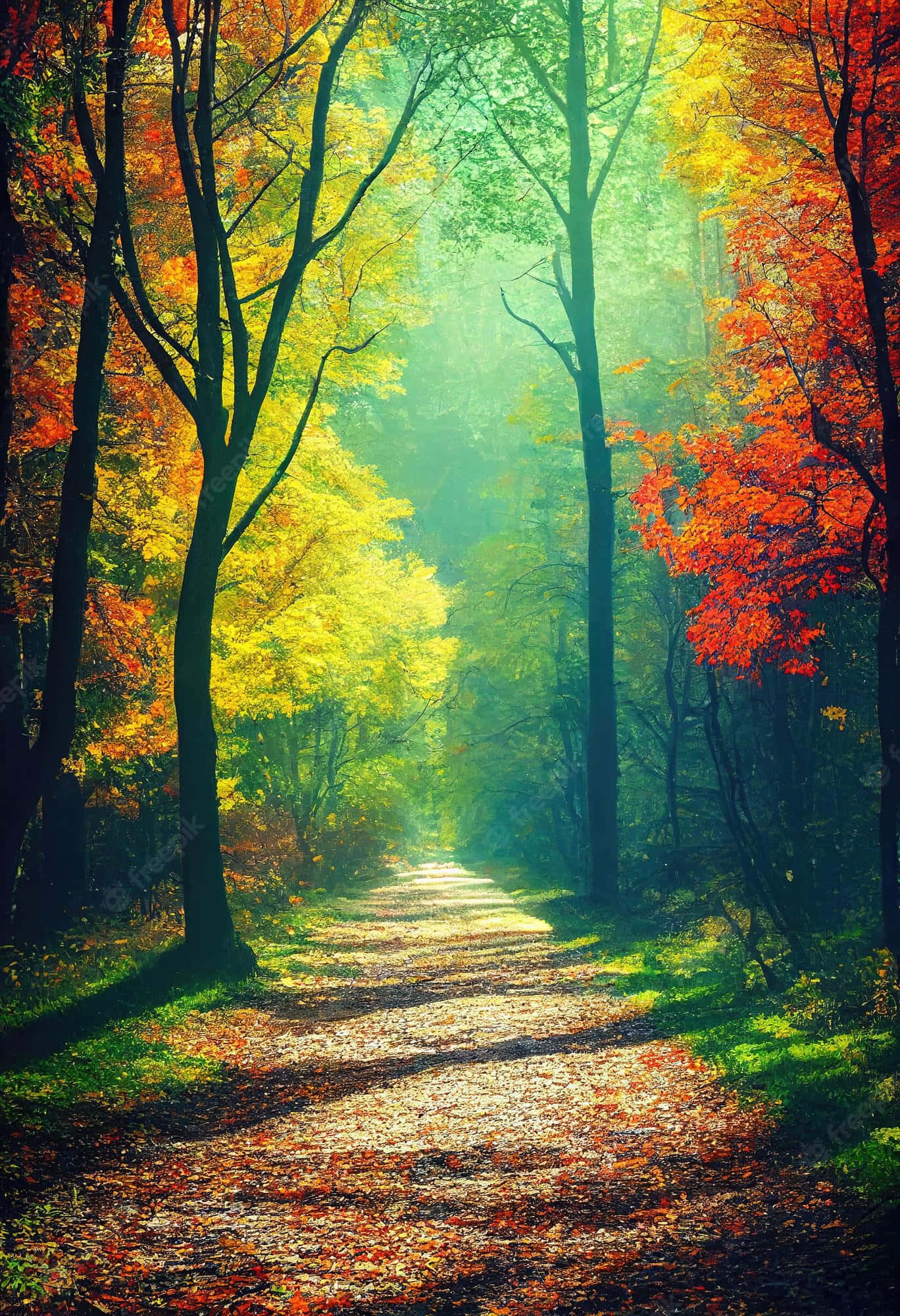 Autumn Trails, sunlit forest path, vibrant autumn trees, Full HD Phone Wallpaper