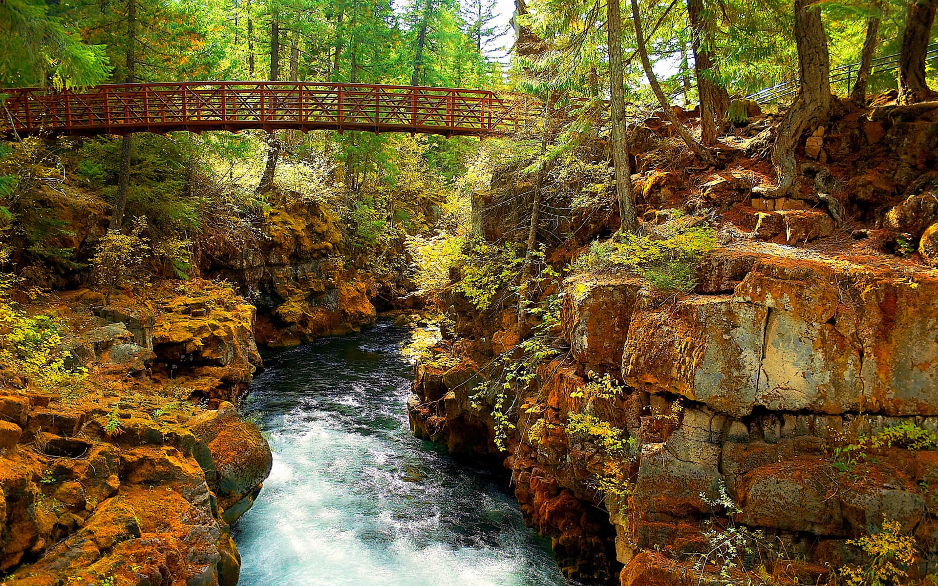 Autumn Trails, red wooden bridge, rushing river, Full HD Desktop Wallpaper