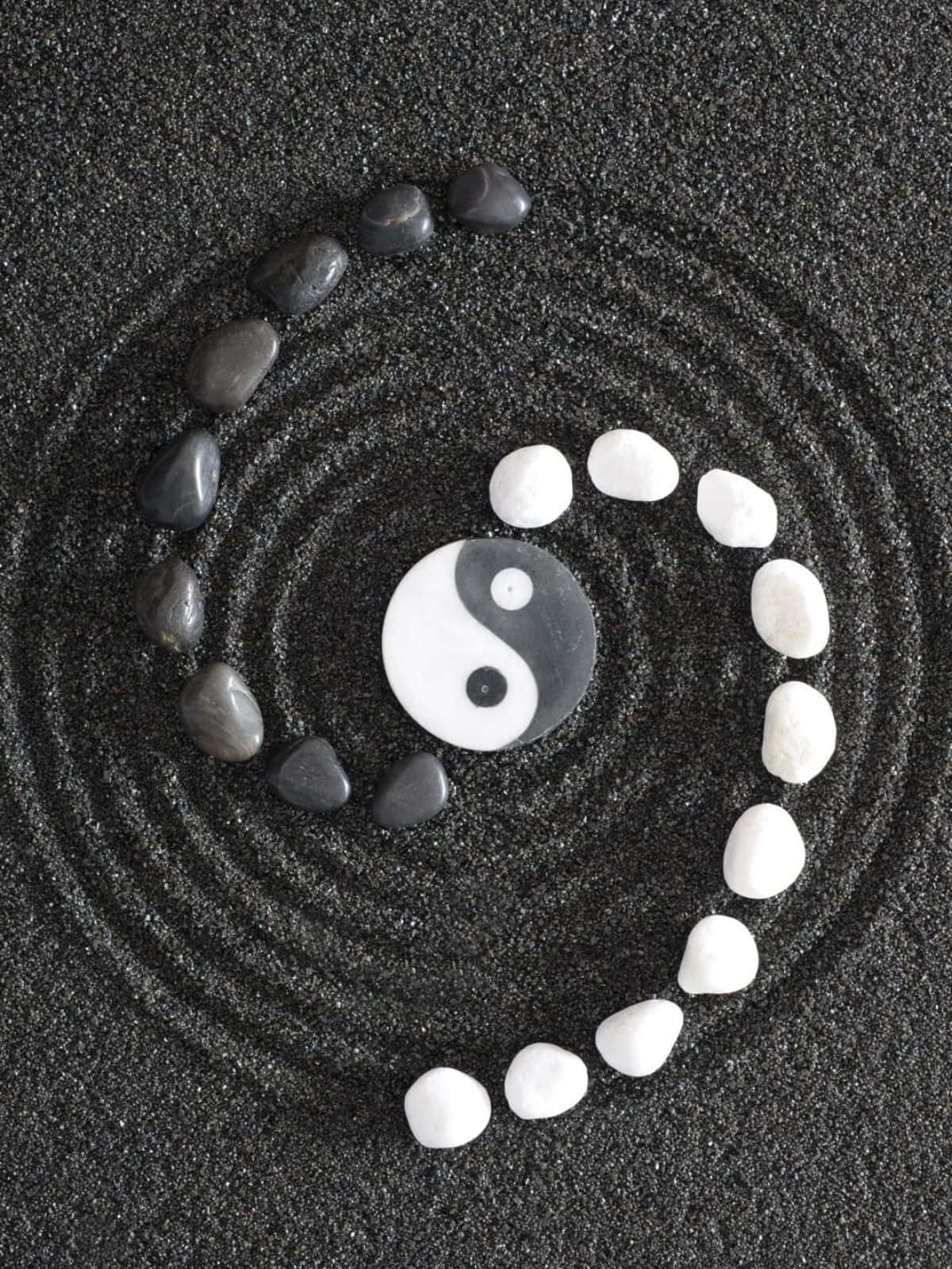 yin yang symbol, black and white stones, raked black sand, HD Phone Wallpaper