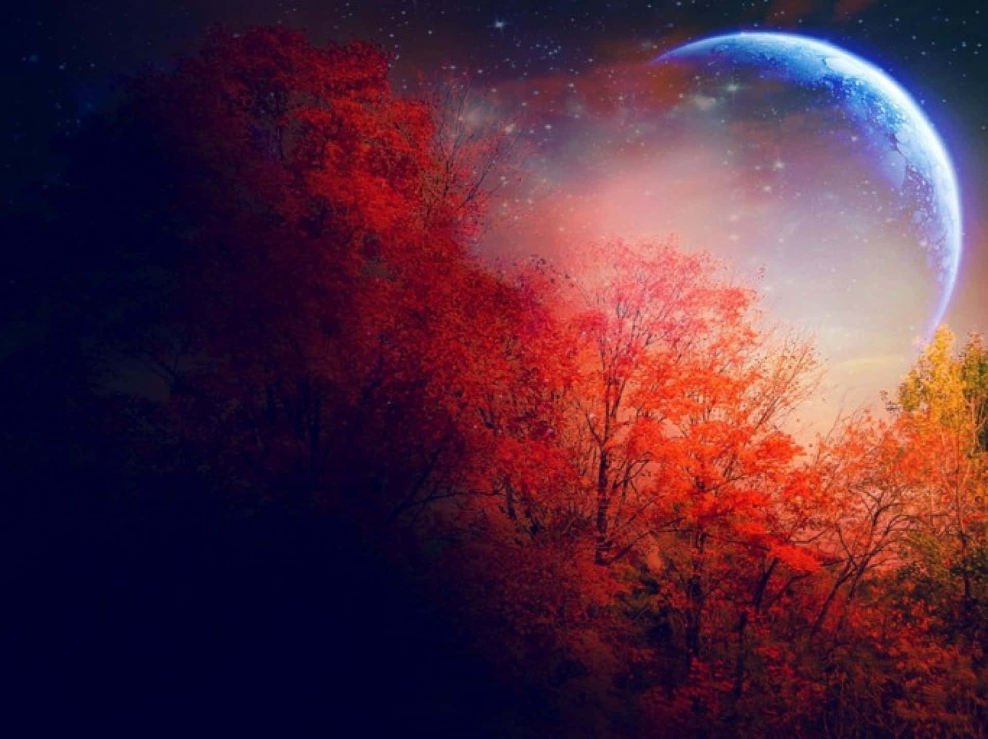 Autumn Evening Serenity Wallpaper, vibrant red autumn trees, cosmic backdrop, Full HD Desktop Wallpaper
