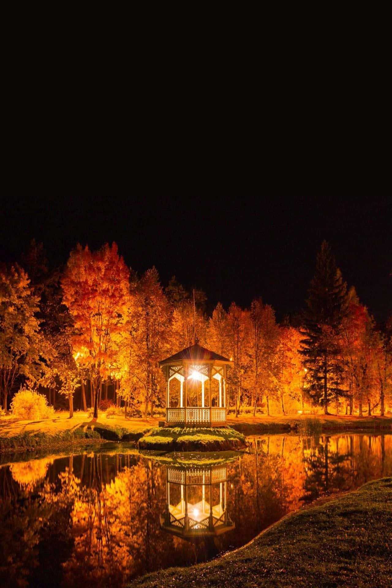 Autumn Evening, gazebo, pond, Full HD Phone Wallpaper