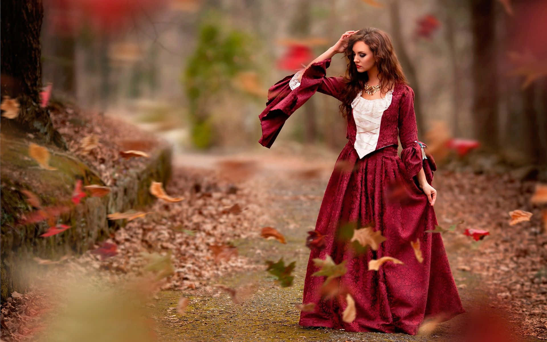 Autumn Wind, burgundy gown, forest, Full HD Desktop Wallpaper