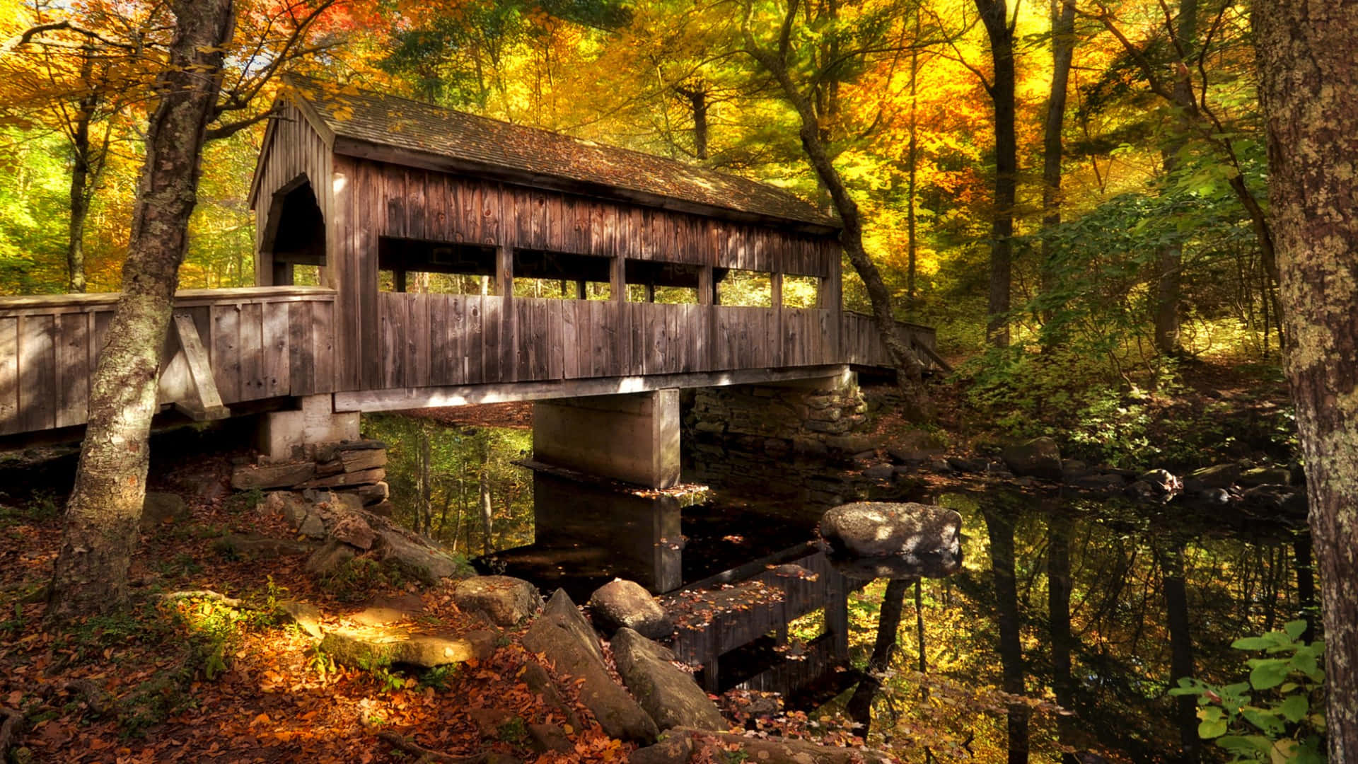 Autumn Wind, rustic wooden covered bridge, calm stream, Full HD Desktop Wallpaper