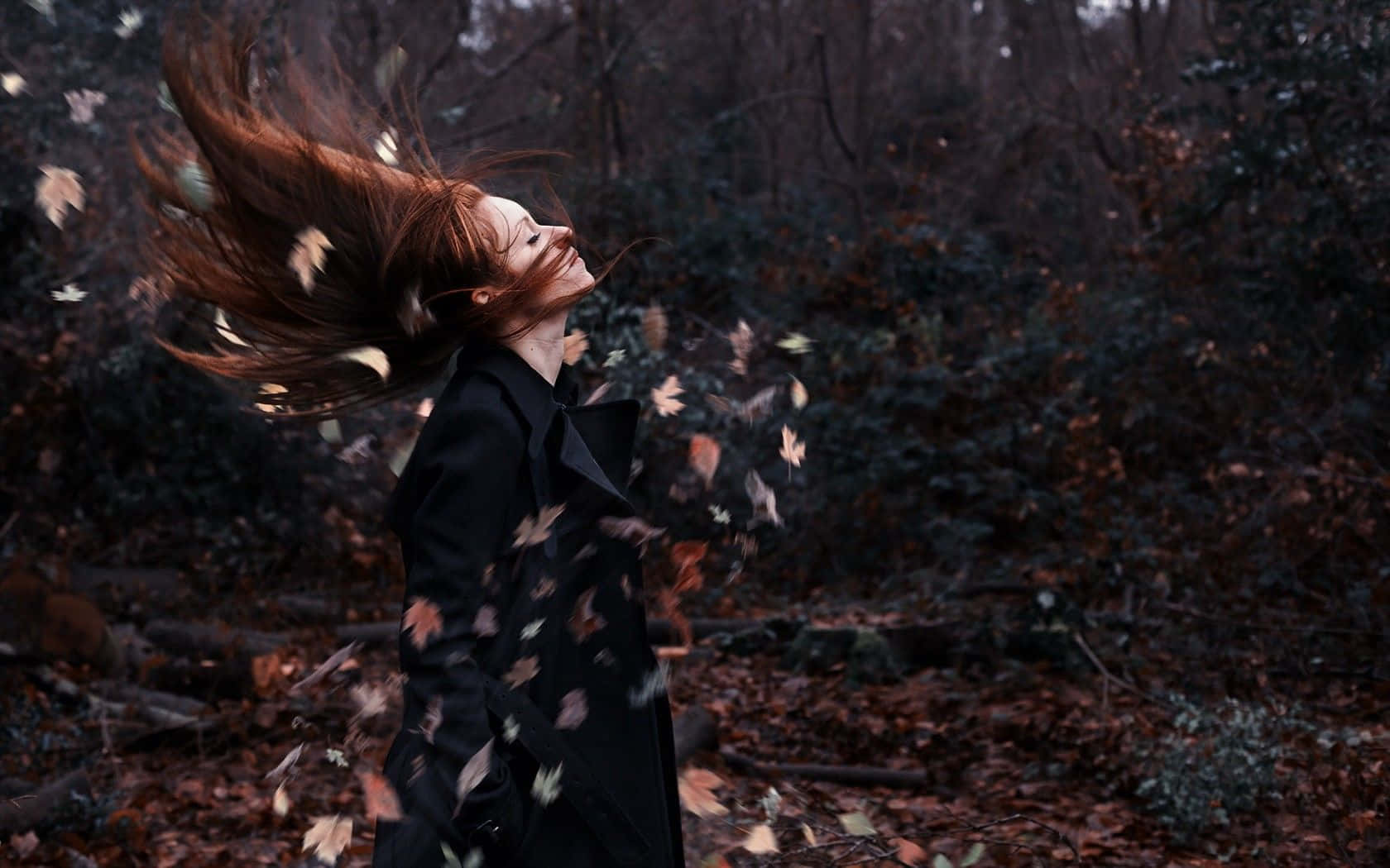 Autumn Wind, red hair, autumn leaves, HD Desktop Wallpaper