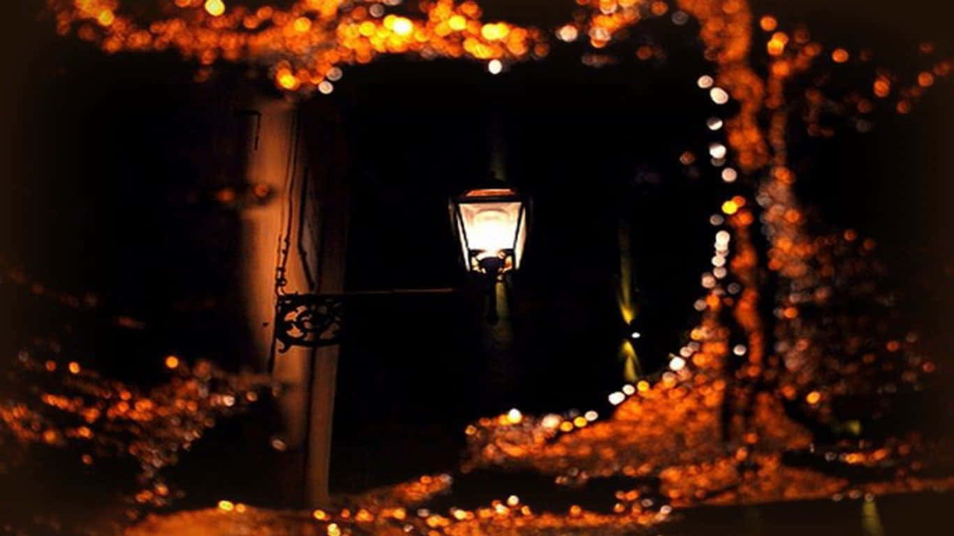 Autumn Evening, vintage streetlamp, golden bokeh lights, HD Desktop Wallpaper