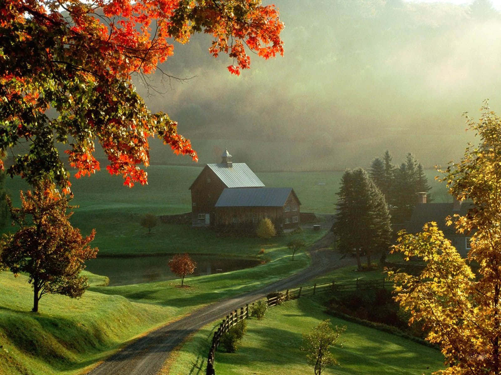 rustic wooden barn, misty autumn valley, vibrant red and gold foliage, HD Desktop Wallpaper