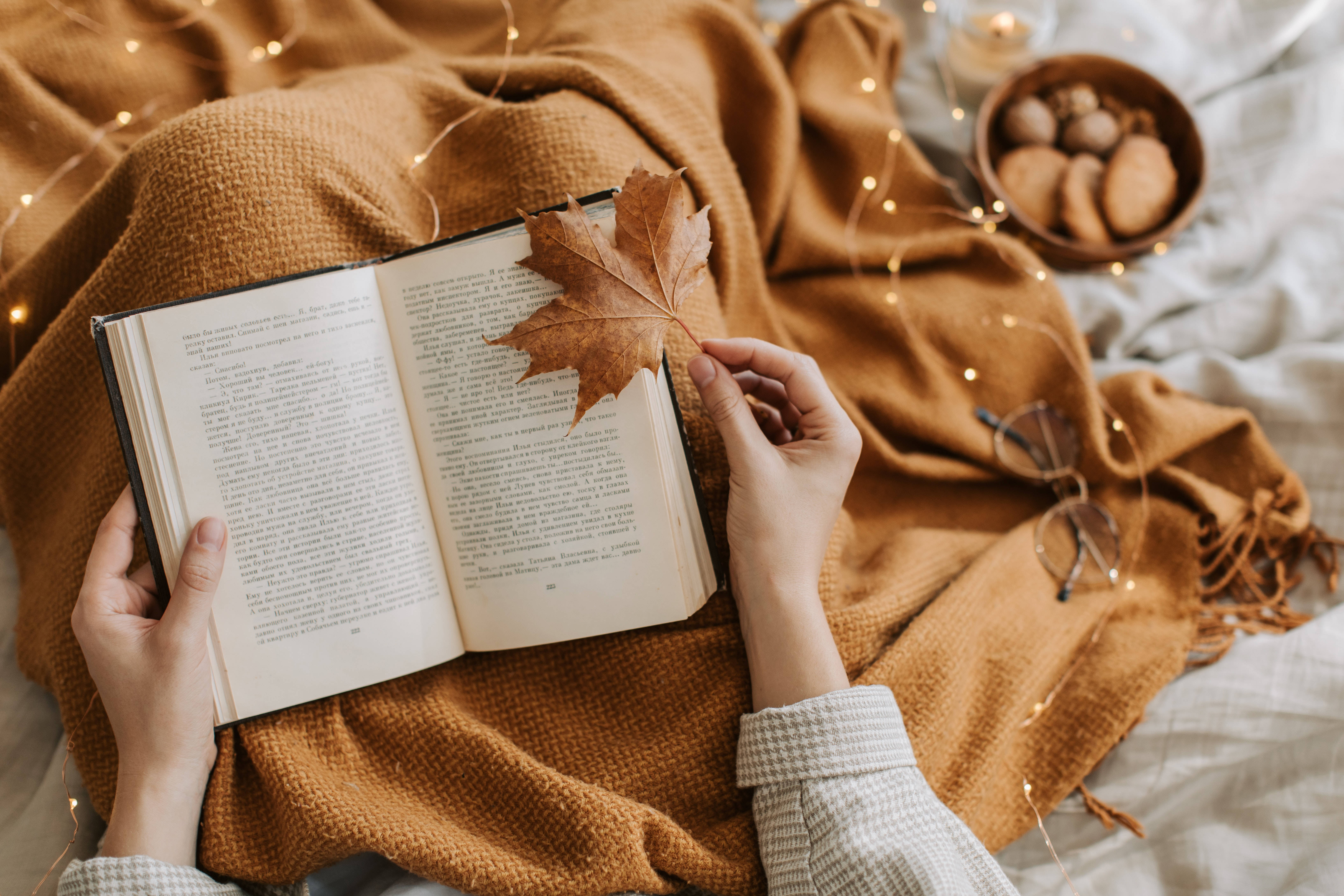 Autumn Vibes Aesthetic Book Desktop, maple leaf, mustard blanket, 5K Desktop Wallpaper