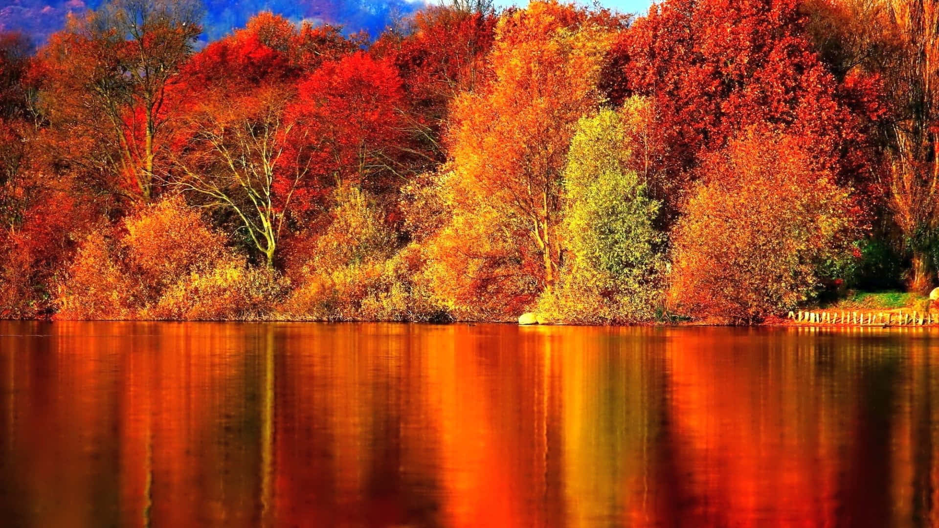 HD Autumn Water Reflection, fiery red orange leaves, calm lake, Full HD Desktop Wallpaper
