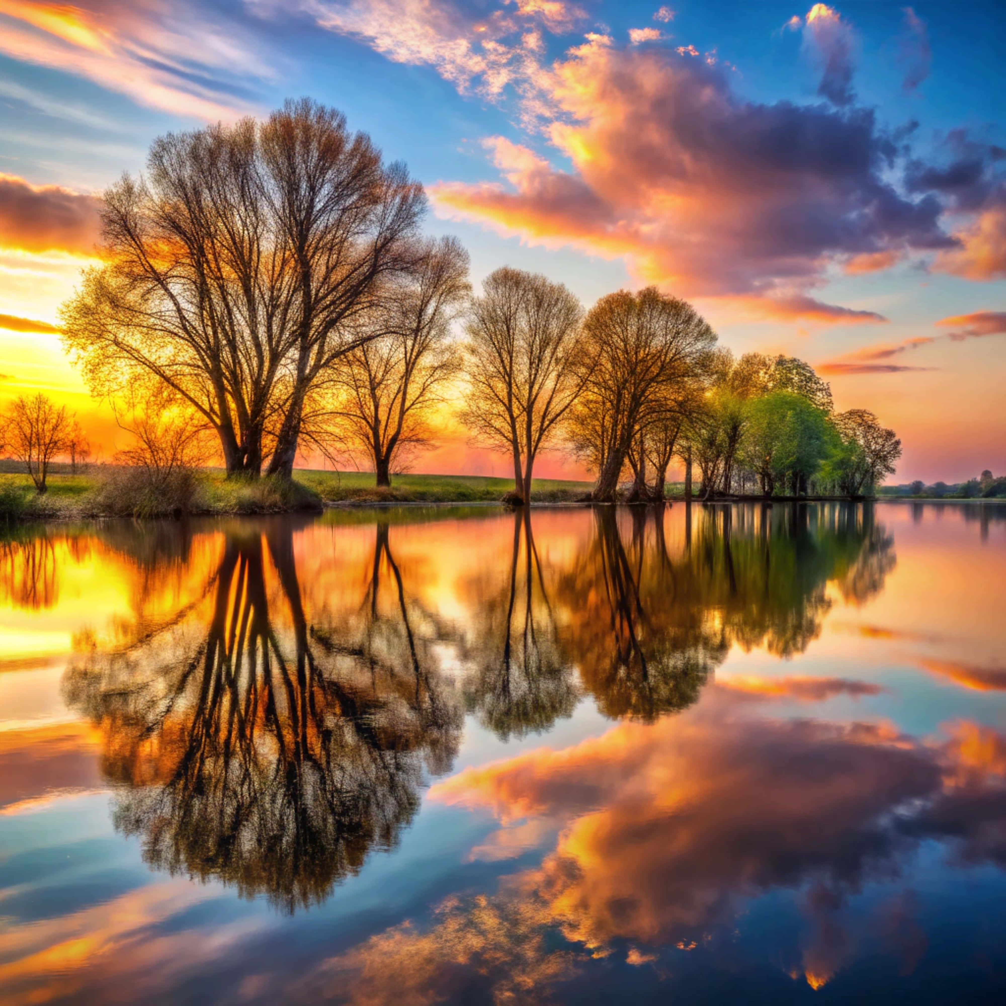 bared trees, budding trees, calm river, 4K Desktop Wallpaper