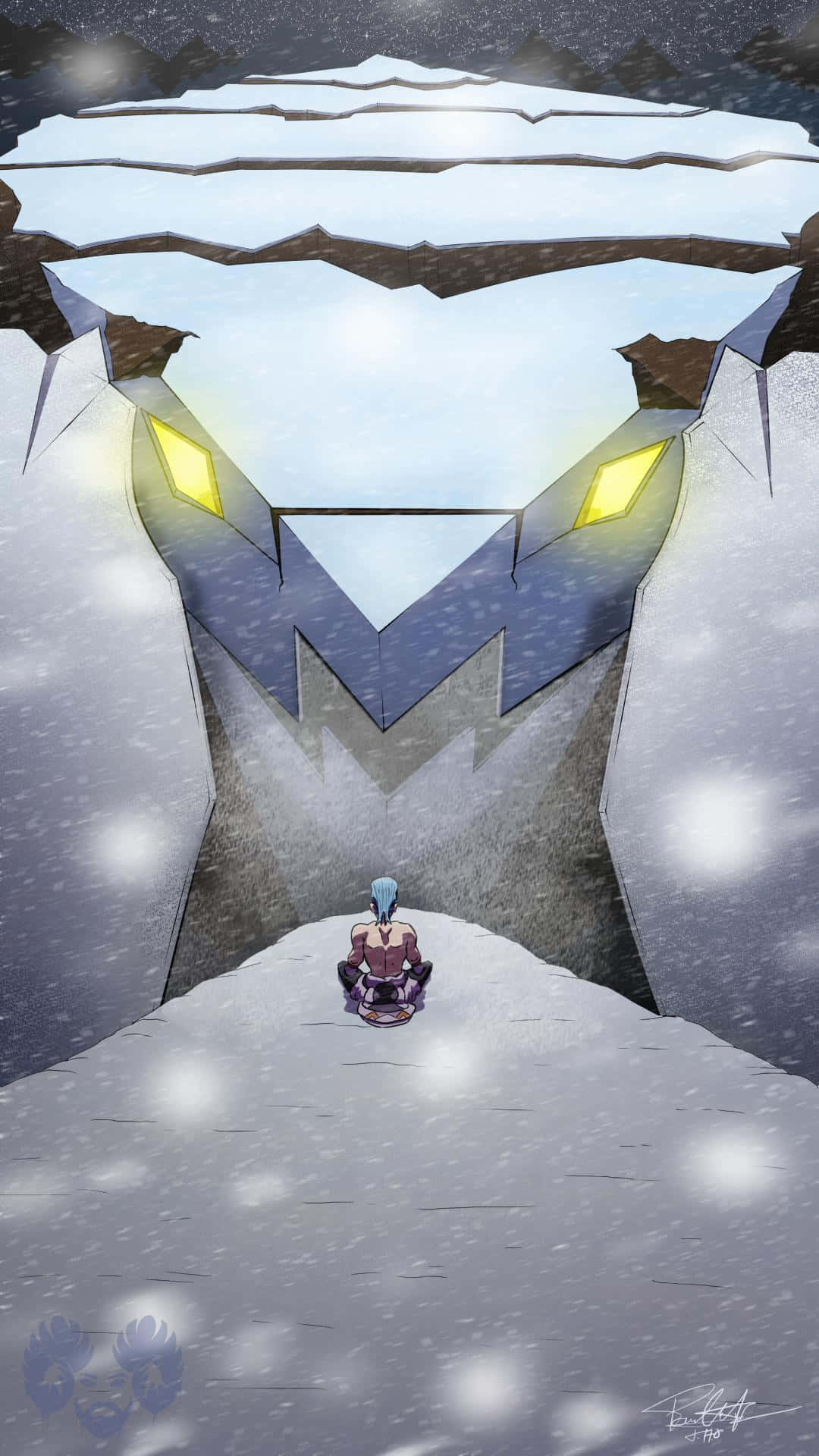 Avalugg, blue-haired figure, glowing-eyed stone face, Full HD Phone Wallpaper