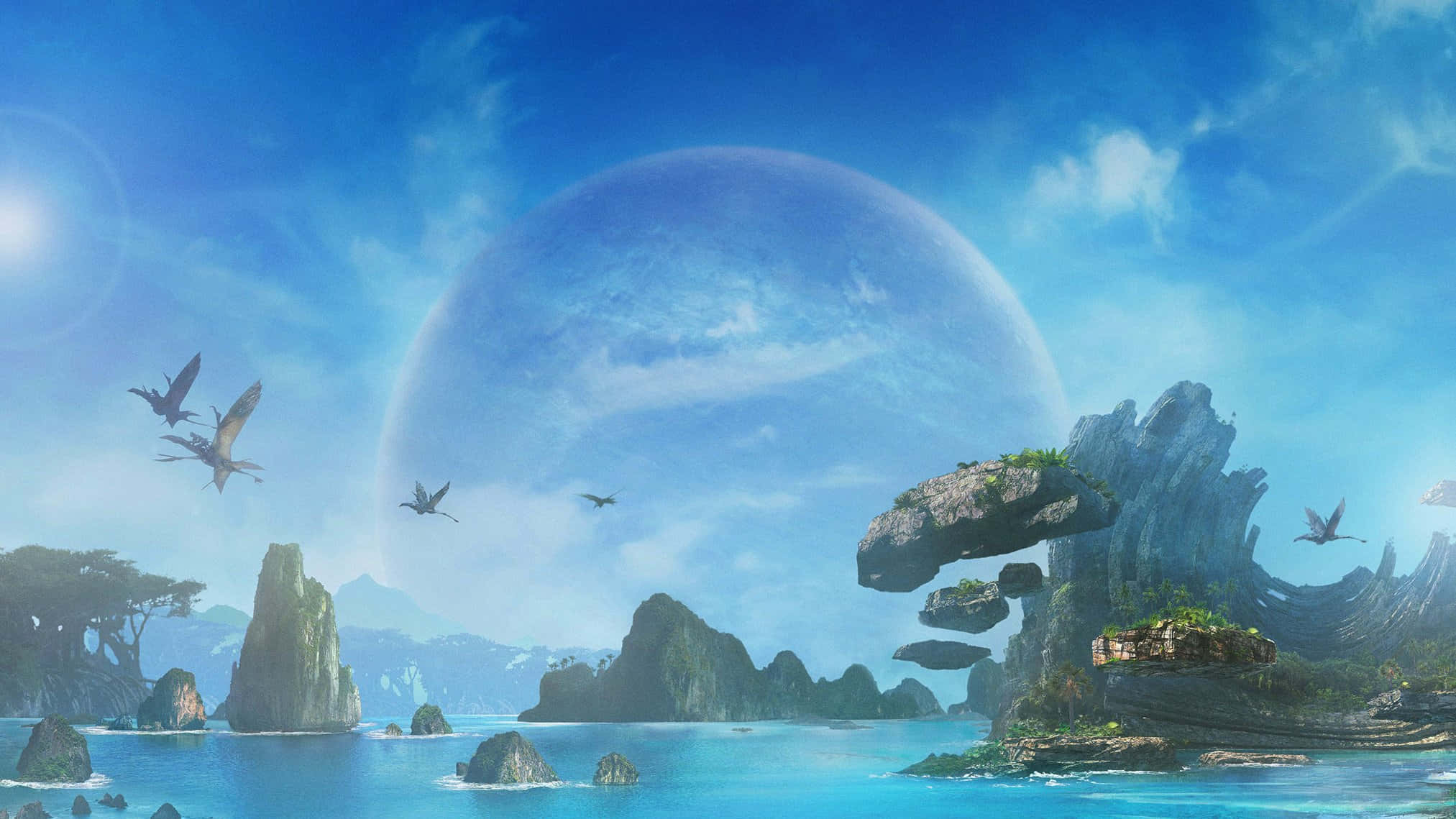 Avatar 2 The Way Of Water, floating rock islands, flying reptilian creatures, Full HD Desktop Wallpaper