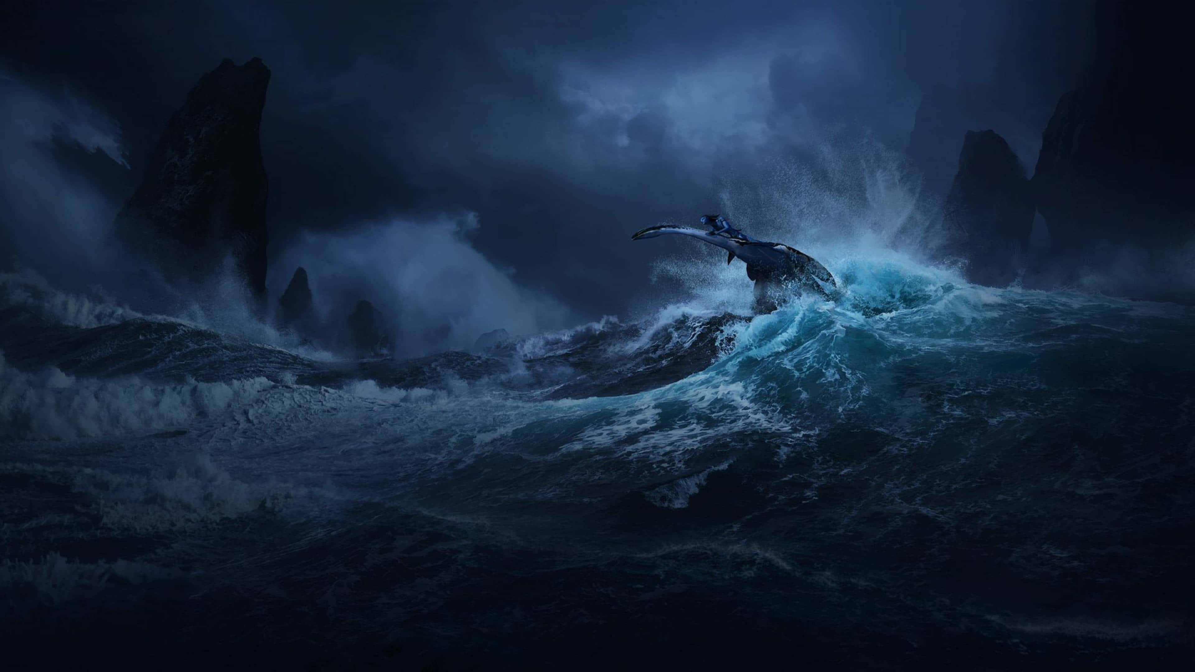 Avatar 2 The Way of Water, humpback whale, stormy blue waves, 4K Desktop Wallpaper