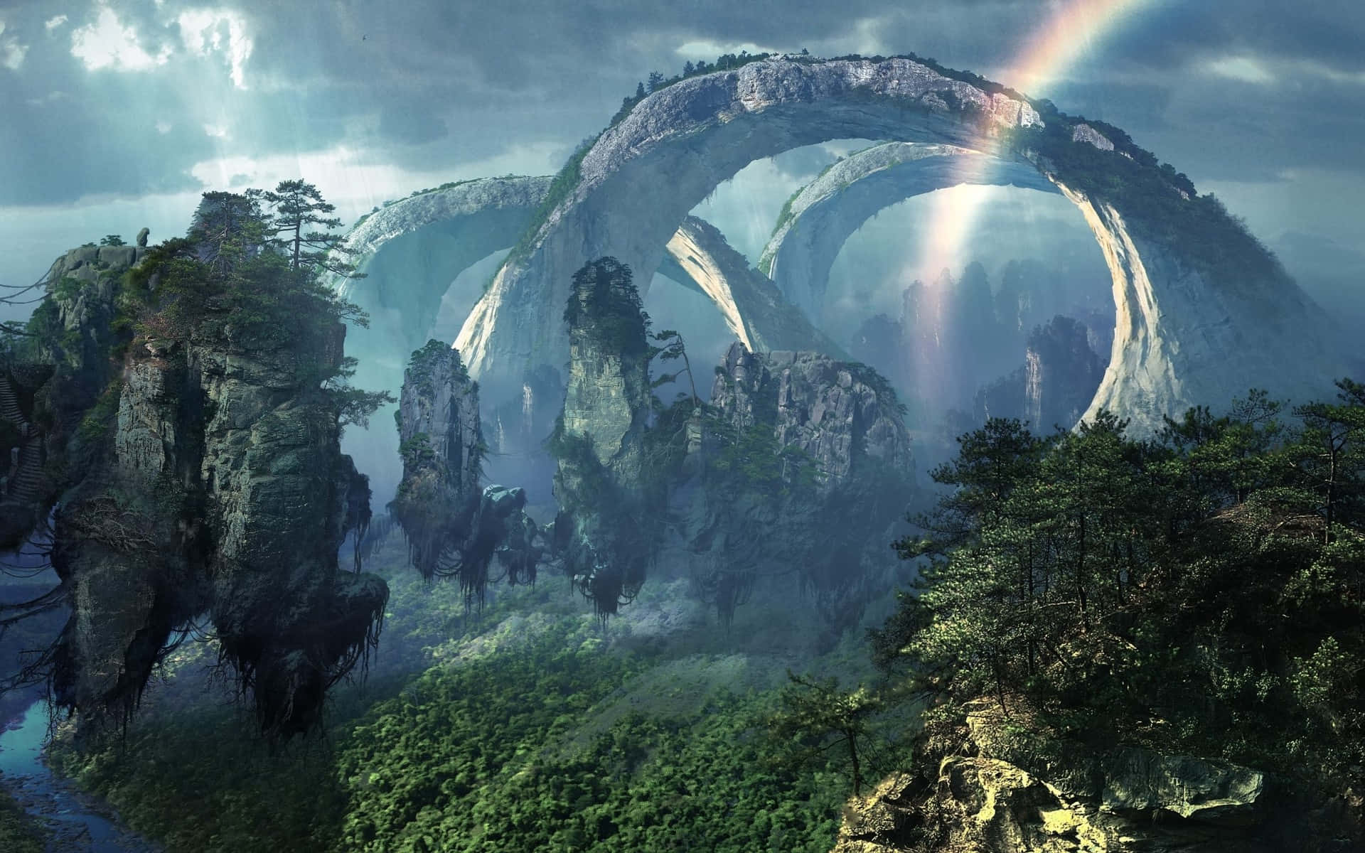 Pandora, fantasy landscape, colossal natural stone arches, Full HD Desktop Wallpaper
