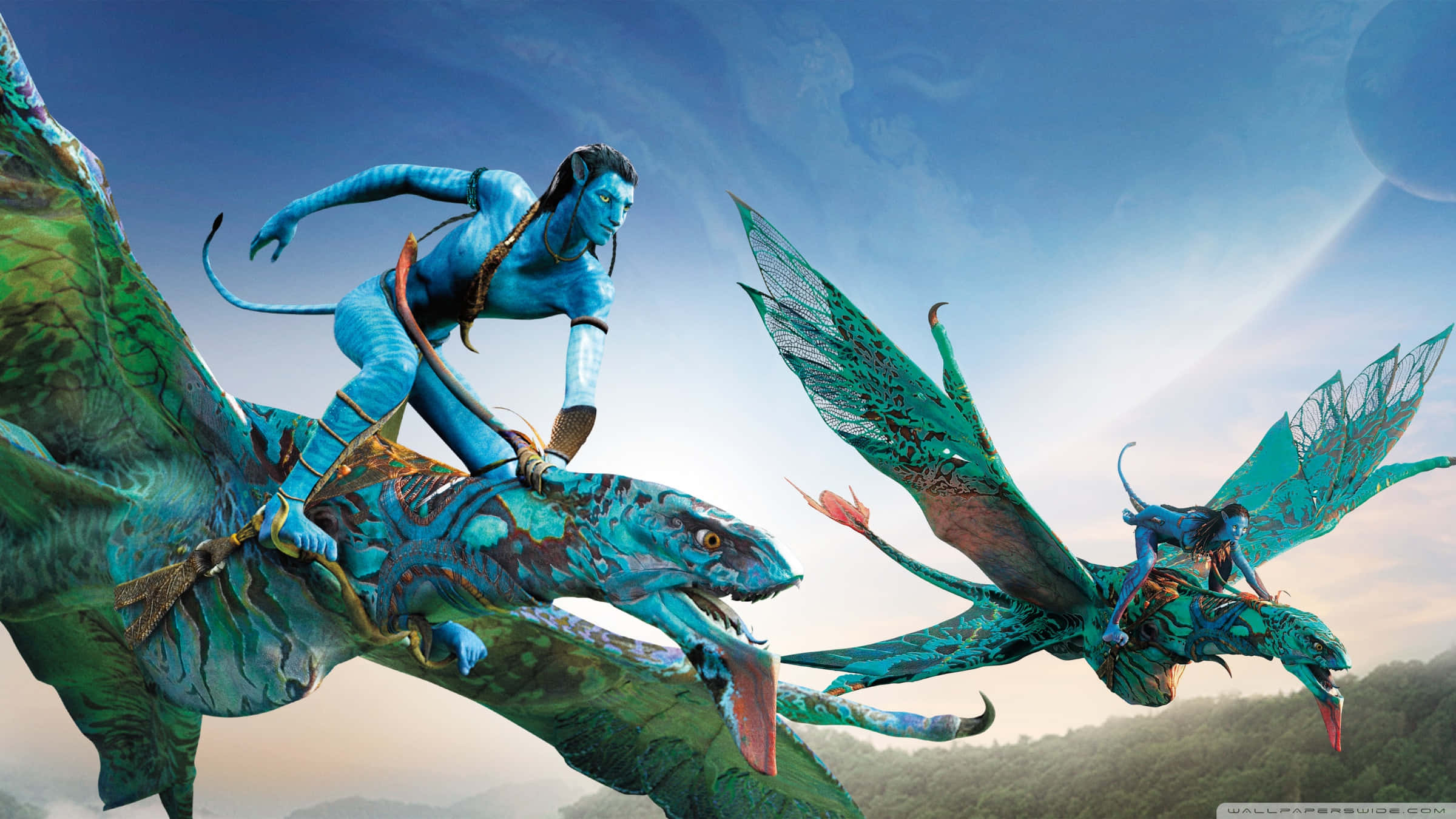 Avatar Pandora, blue-skinned avatars, vibrant green flying reptiles, Full HD Desktop Wallpaper