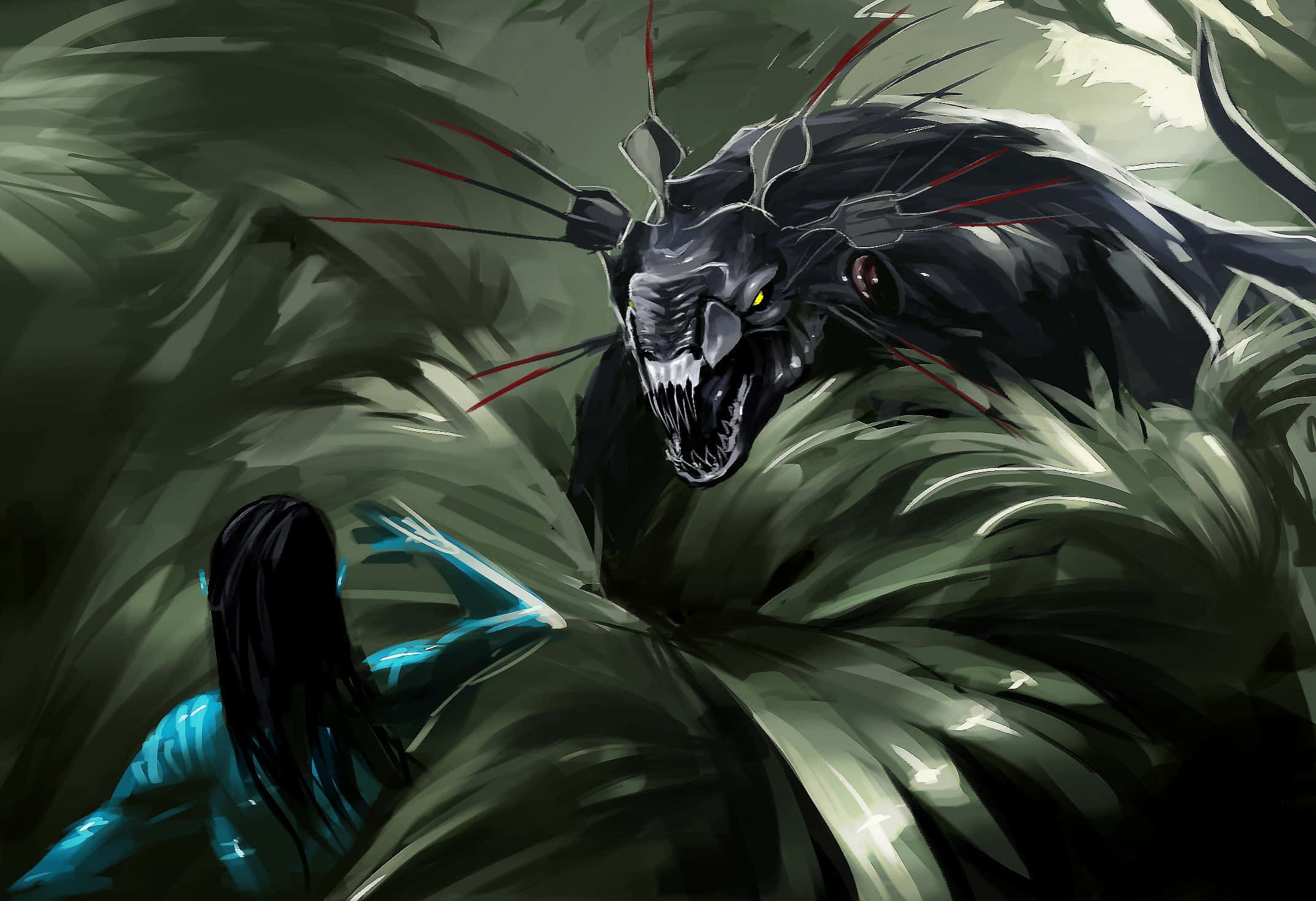Avatar Pandora, glowing blue figure, monstrous black beast, Full HD Desktop Wallpaper