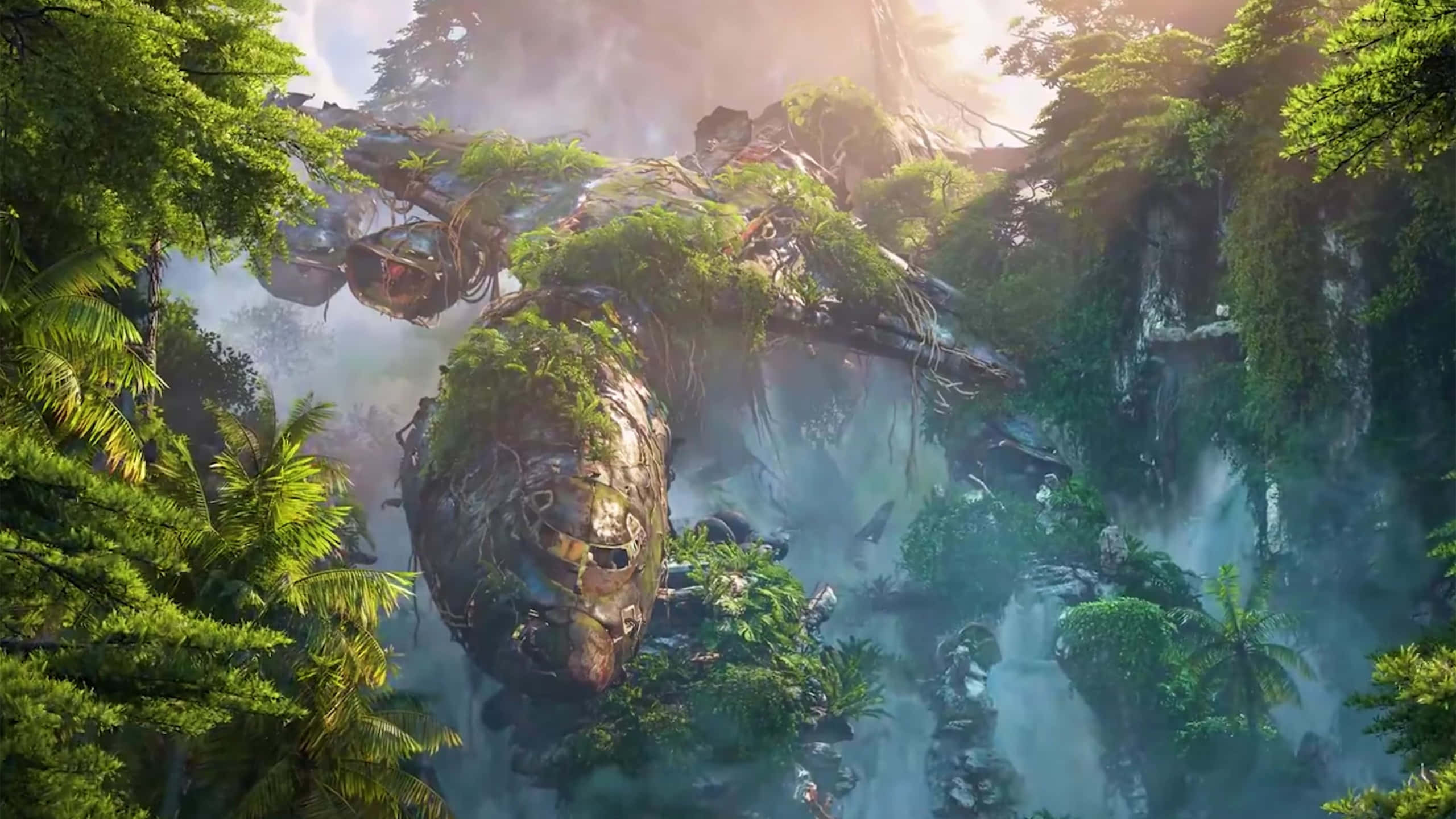 Avatar Pandora, moss-covered spaceship, misty jungle valley, 2K Desktop Wallpaper