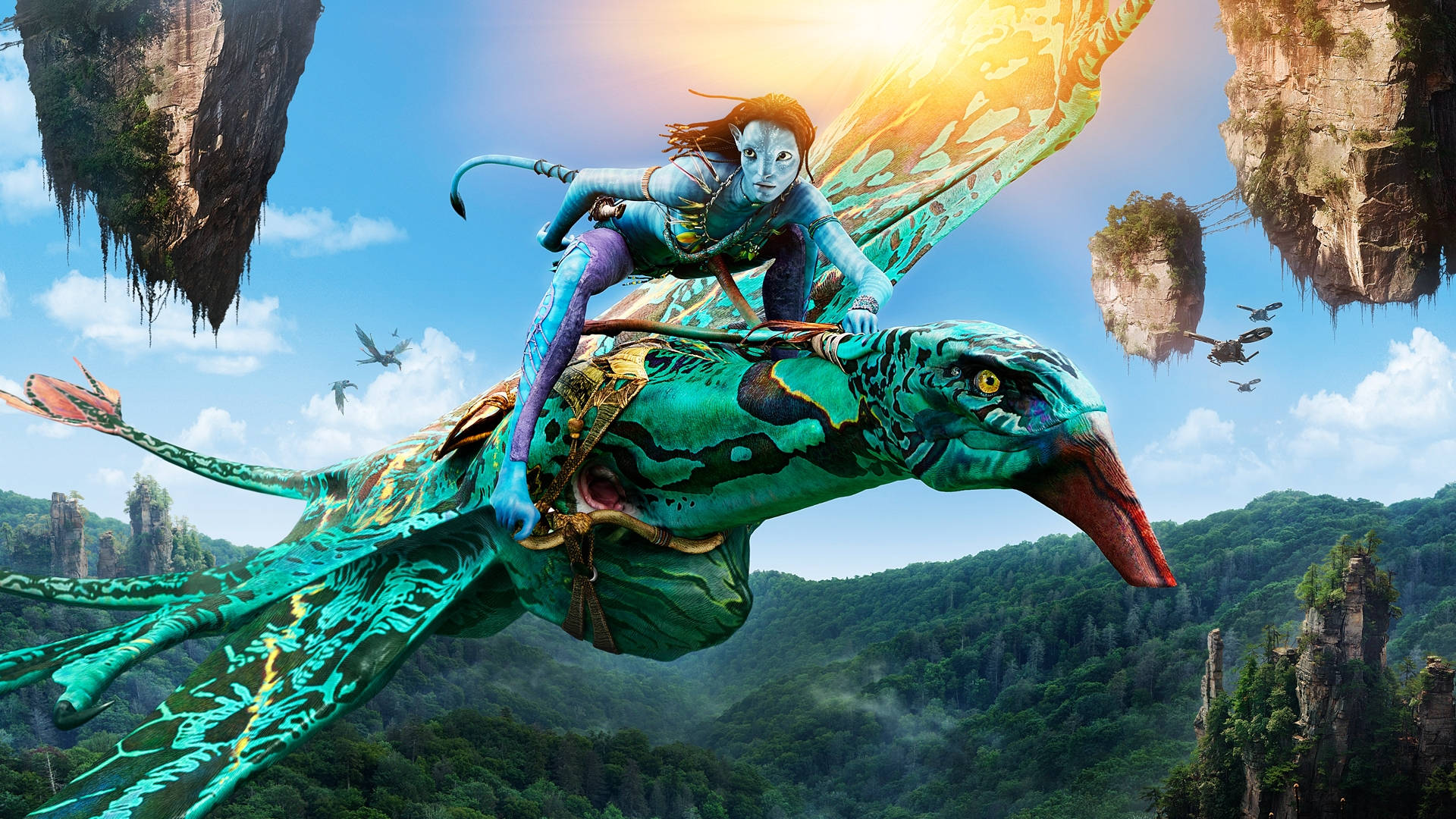 Avatar Pandora, blue-skinned Na'vi rider, vibrant green banshee, Full HD Desktop Wallpaper