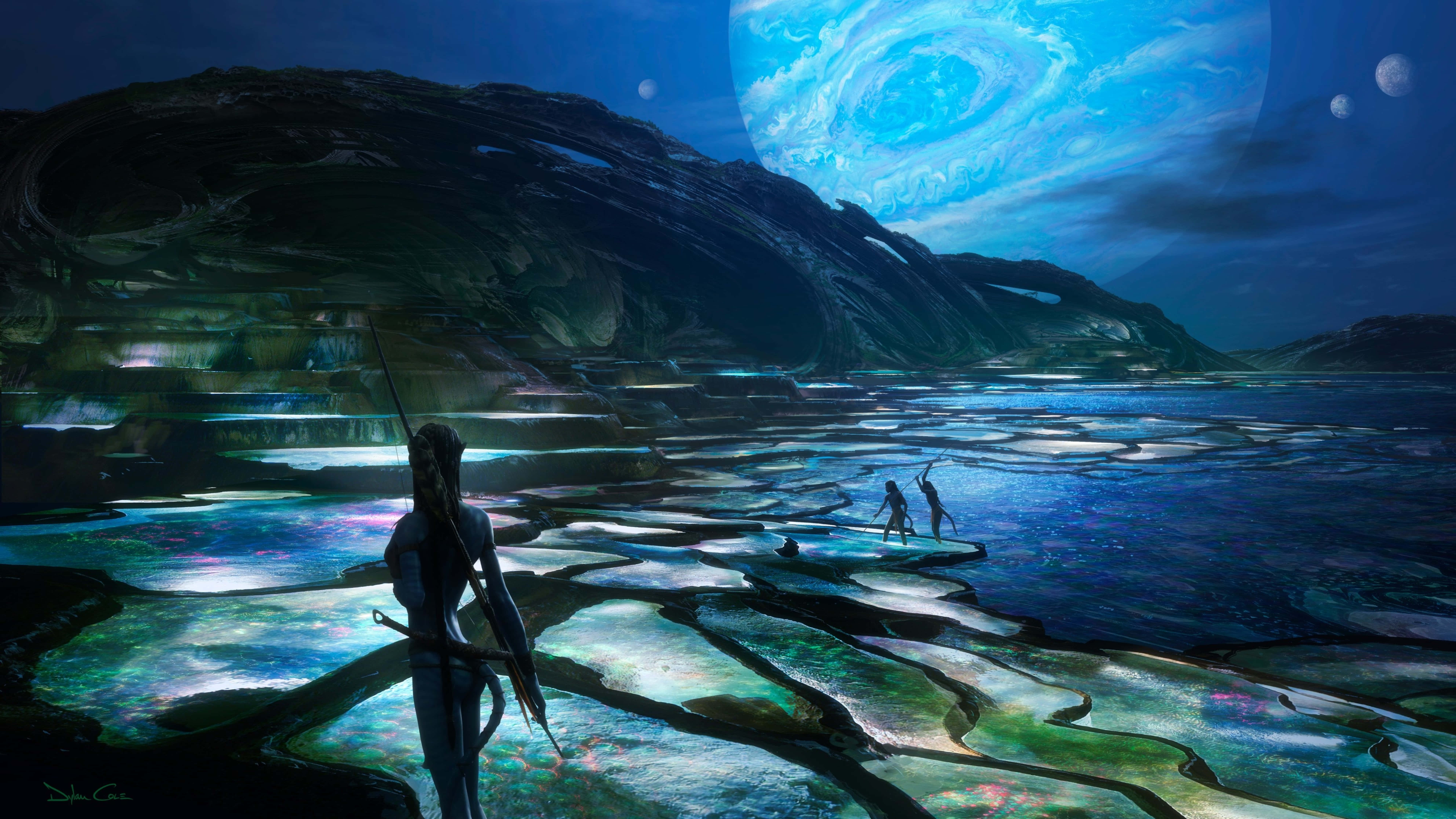 Avatar Pandora, glowing blue stone terraces, massive swirling moon, 8K Desktop Wallpaper