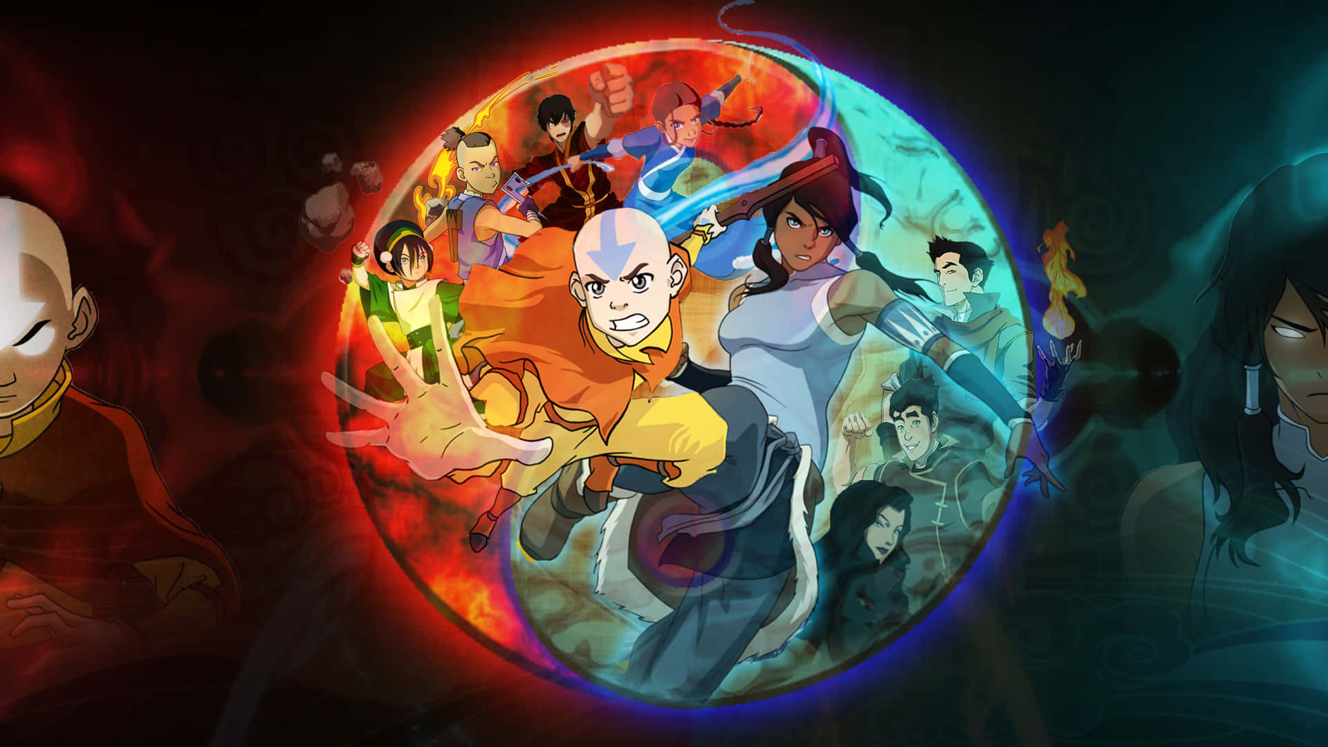 Avatar The Last Airbender, characters, fiery red and cool blue gradient background, Full HD Desktop Wallpaper